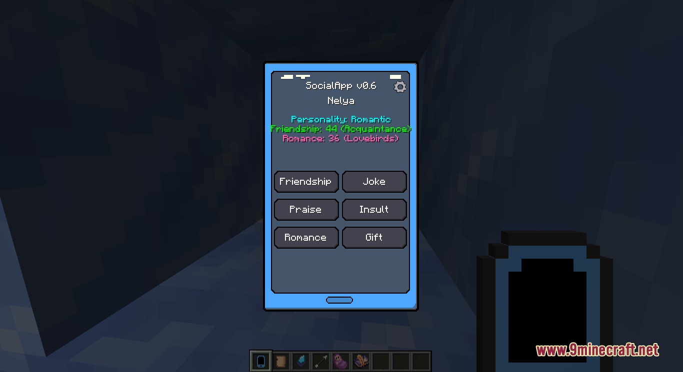Kinsfolk Dynamics Mod Screenshot 1 Smartphone interface displaying social interaction options and relationship status with a villager