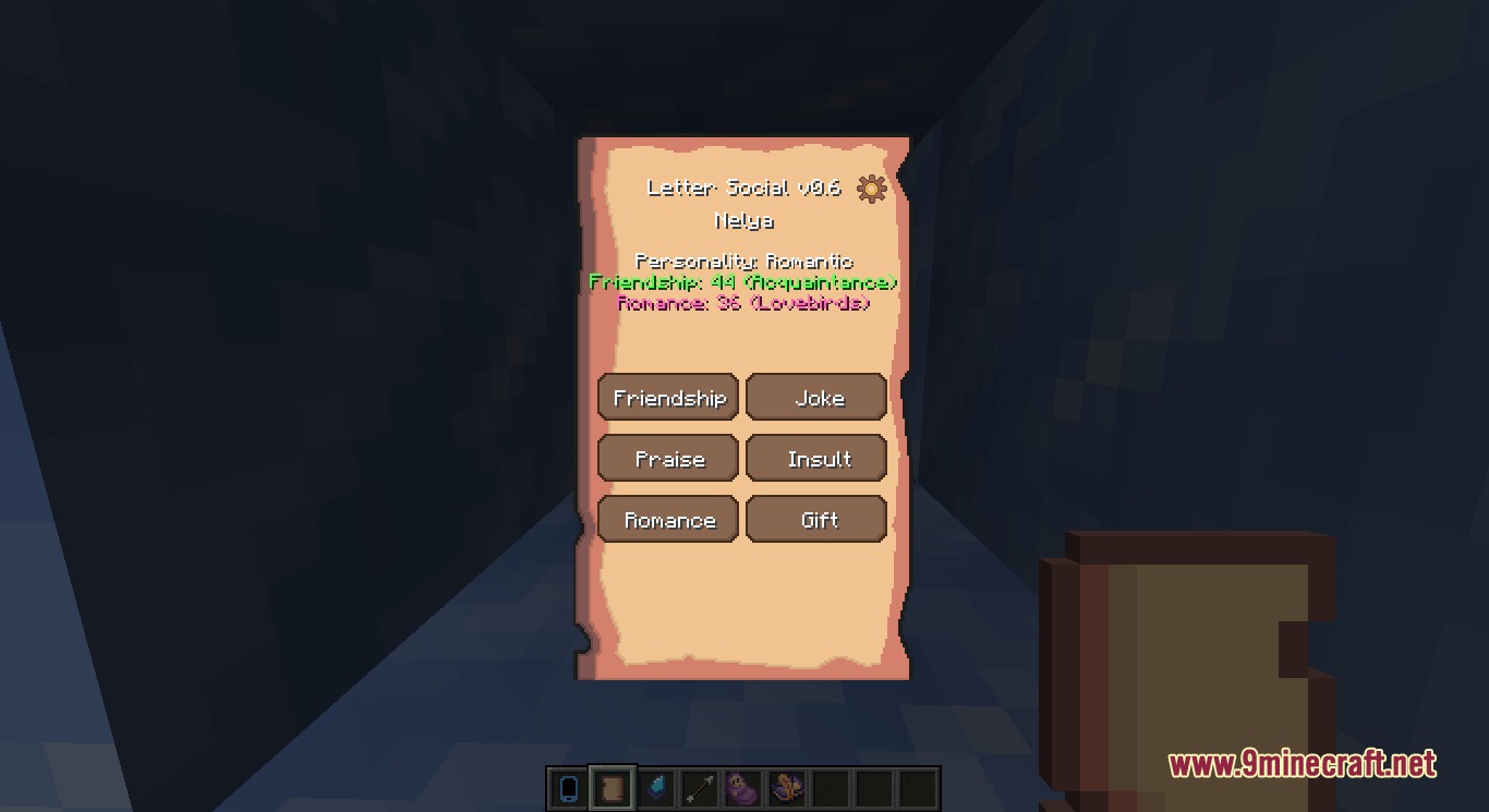 Kinsfolk Dynamics Mod Screenshot 2 Parchment letter interface showing social interaction options and relationship status with a villager