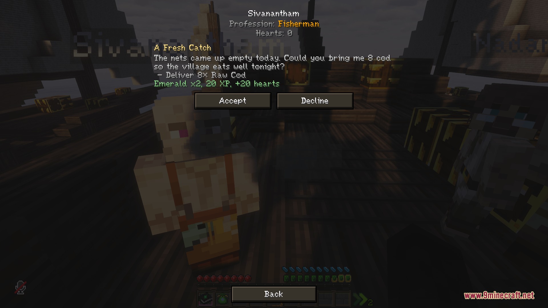 Kinship Contracts Mod Screenshot 2 Quest menu interface for a fisherman NPC offering rewards for raw cod