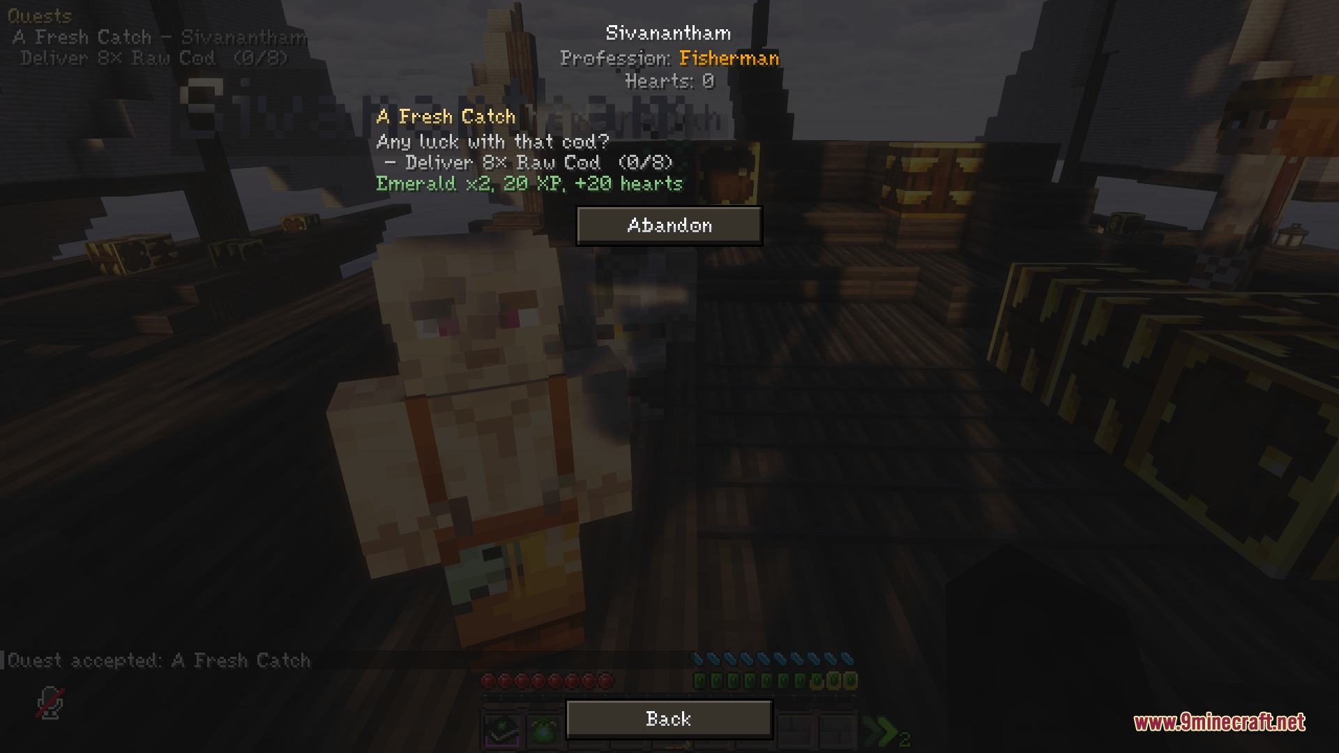 Kinship Contracts Mod Screenshot 3 A fisherman villager offering a quest to collect eight raw cod