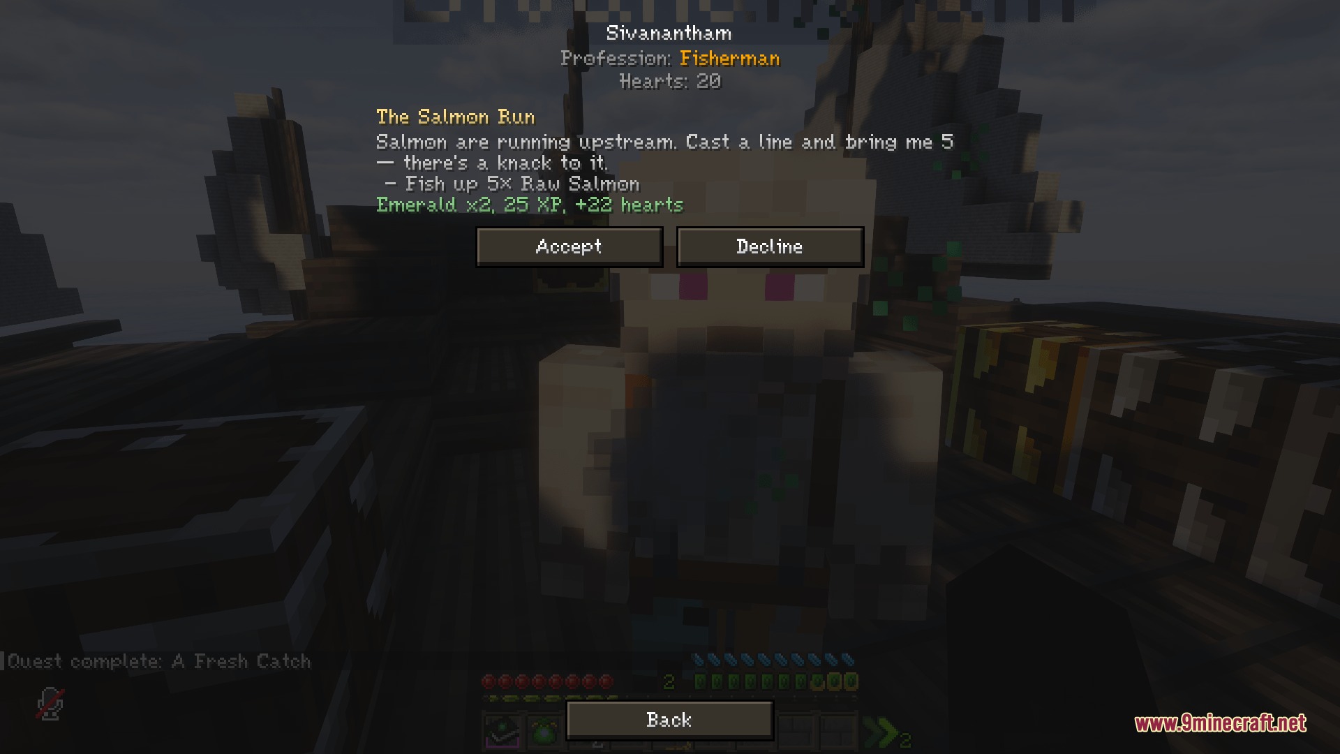 Kinship Contracts Mod Screenshot 5 Accepting a salmon fishing quest from a villager in Kinship Contracts mod