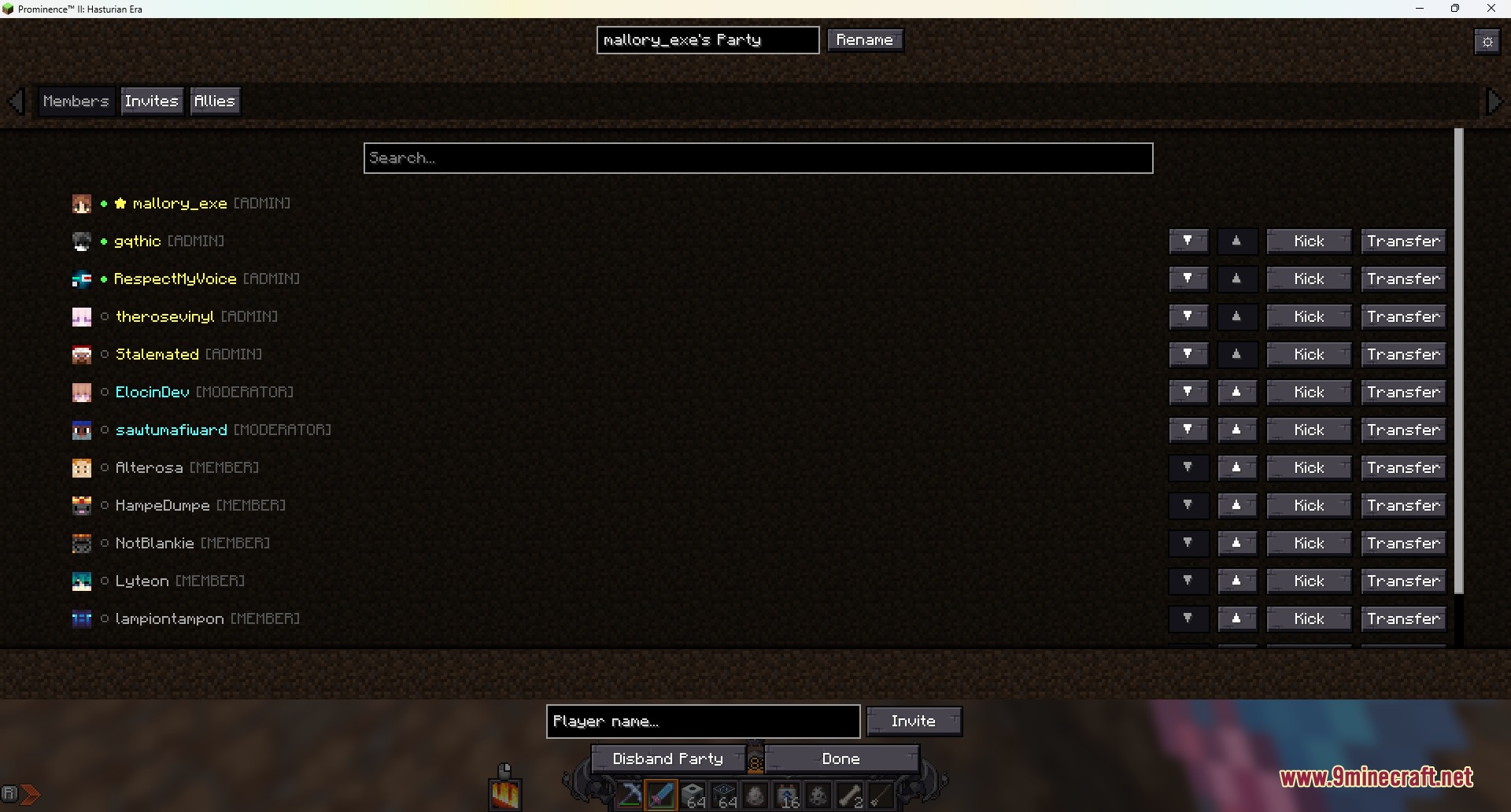 A Minecraft menu showing a list of party members and their ranks