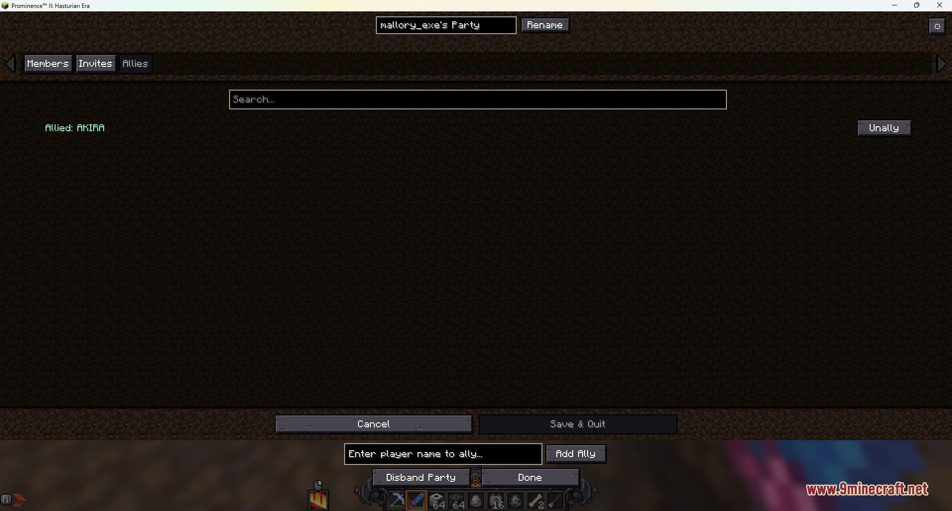 The allies tab in the party menu showing an allied player list