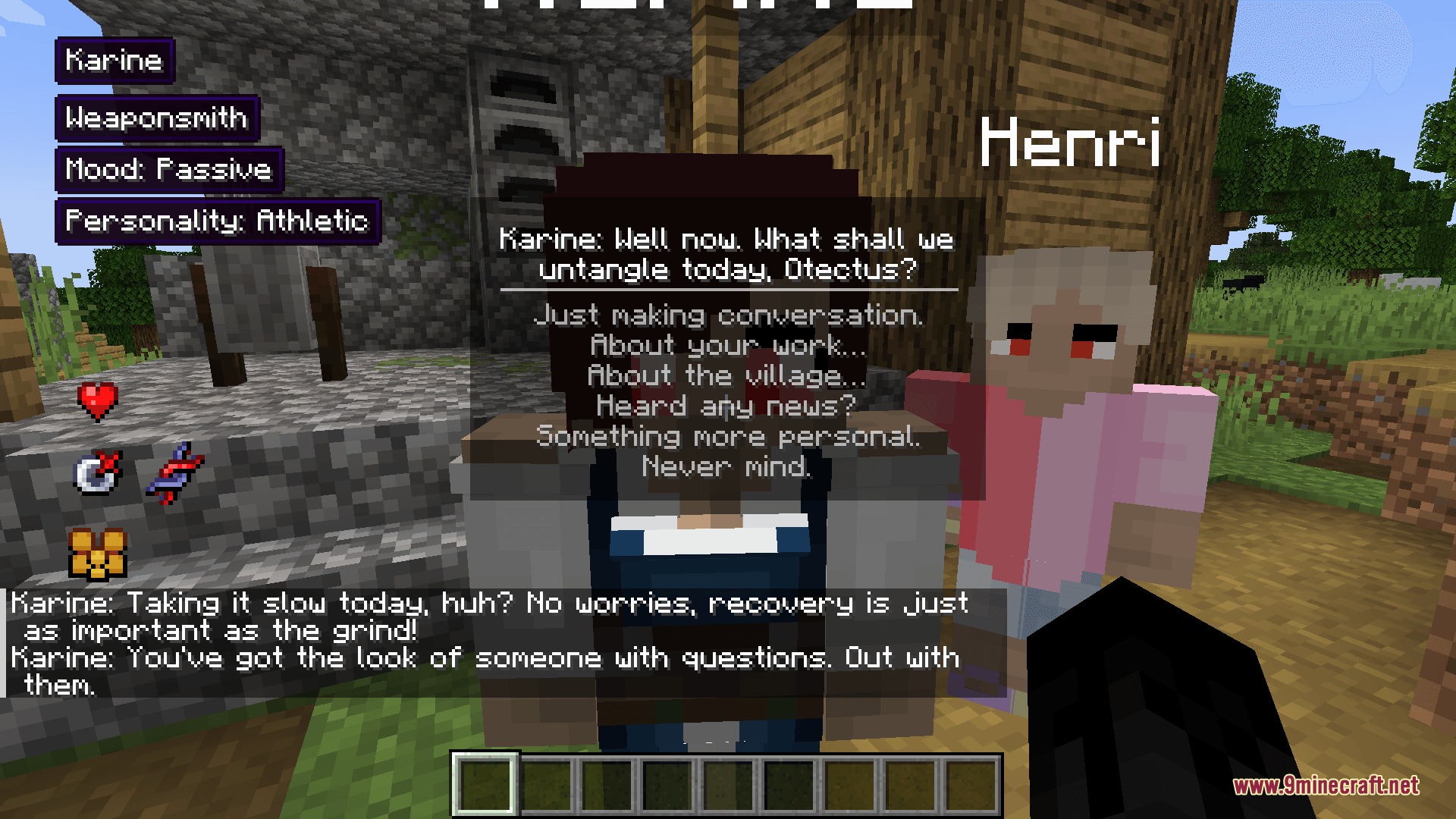 Player interacts with a villager named Karine using the Kinship Heart Dialects Mod