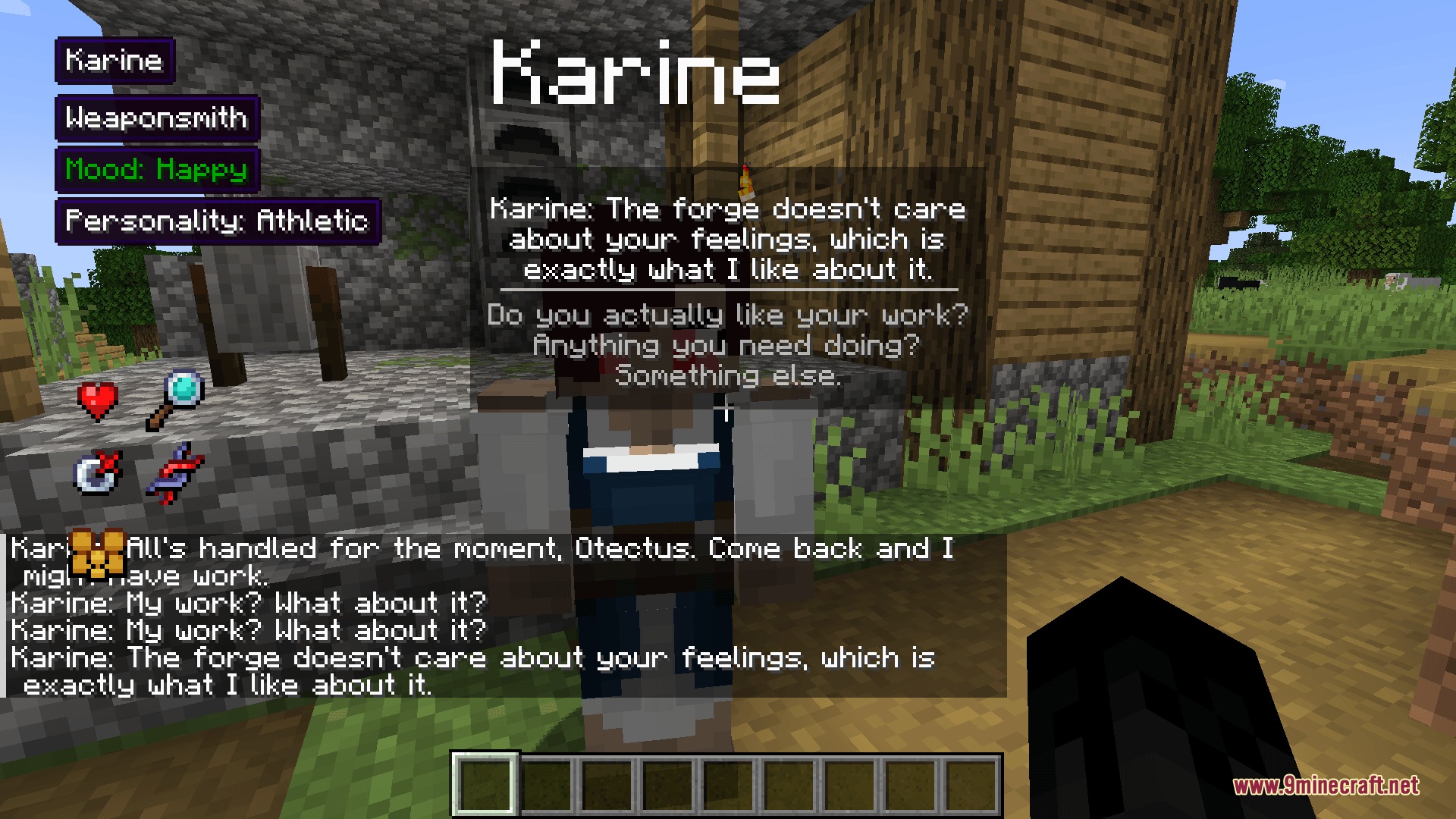 Player interacts with a weaponsmith villager through the Kinship Heart Dialects conversation hub