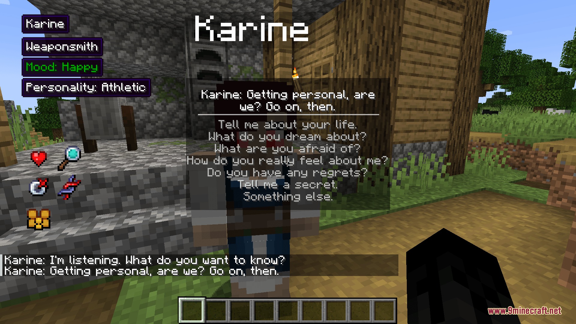 A dialogue menu showing personal questions like dreams and fears for a villager