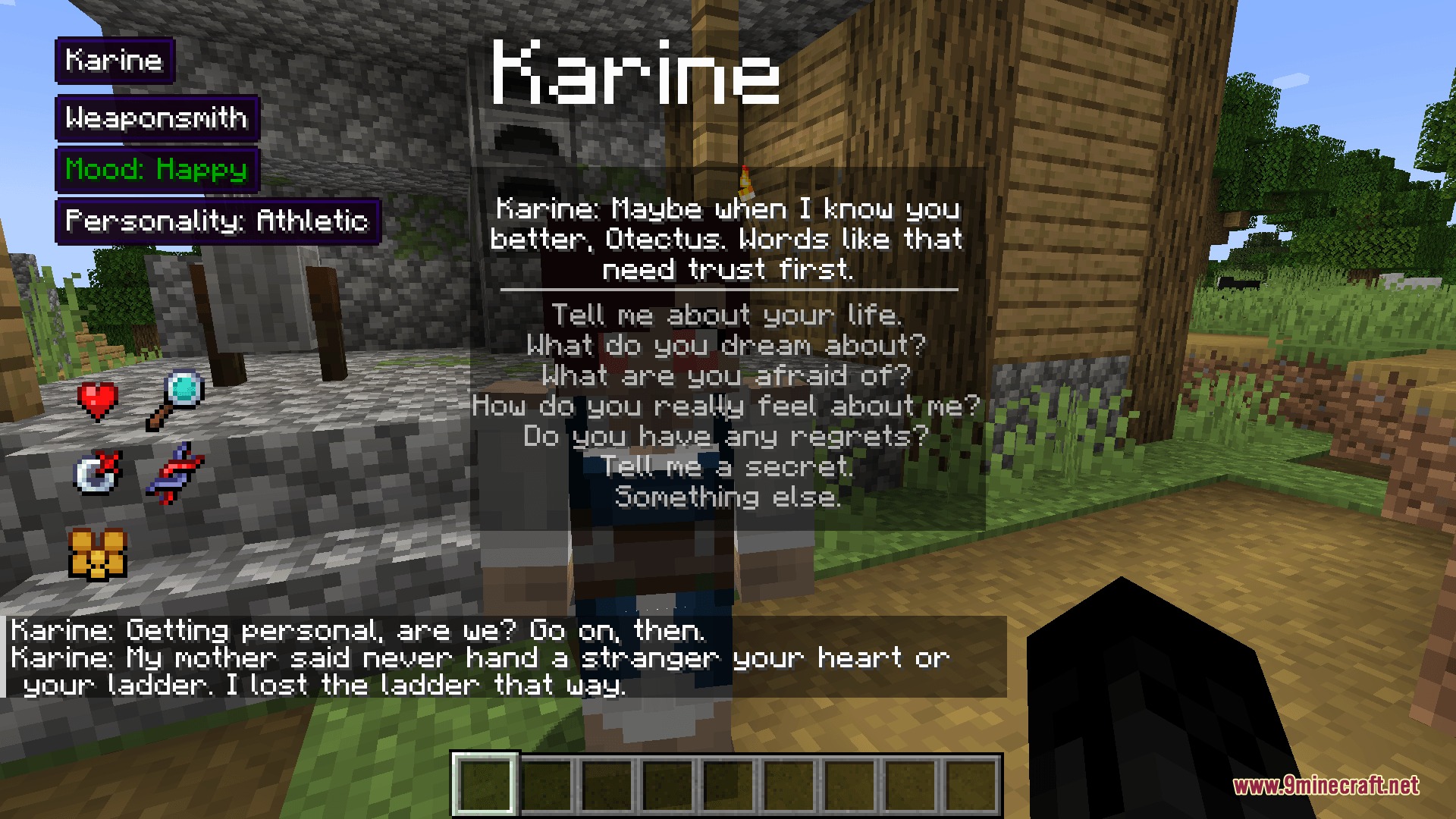 Player interacting with a villager using an expanded conversation menu interface