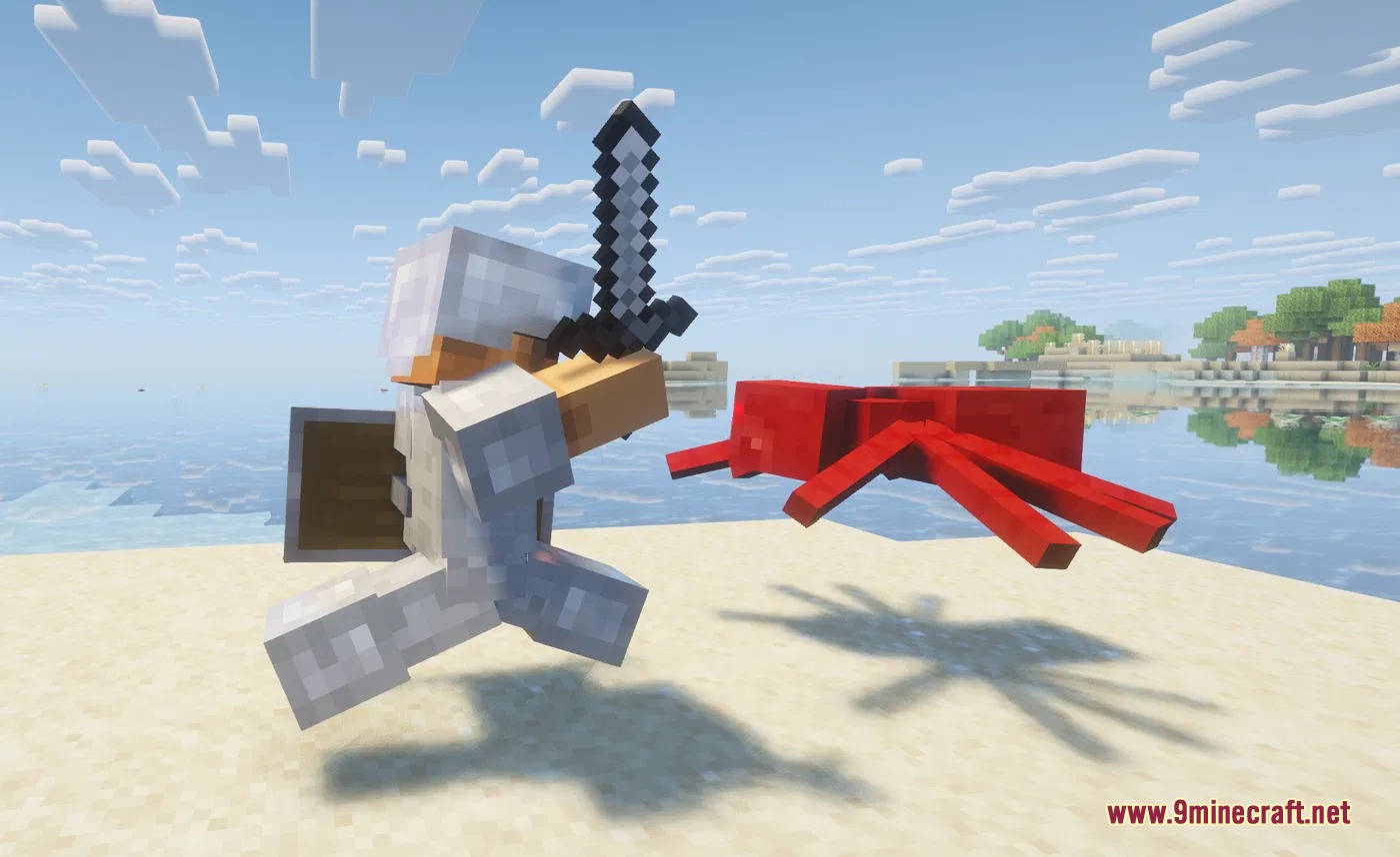 Kinship Vanguard Mod Screenshot 1 Kinship Vanguard companion fights a red spider with a sword on the beach