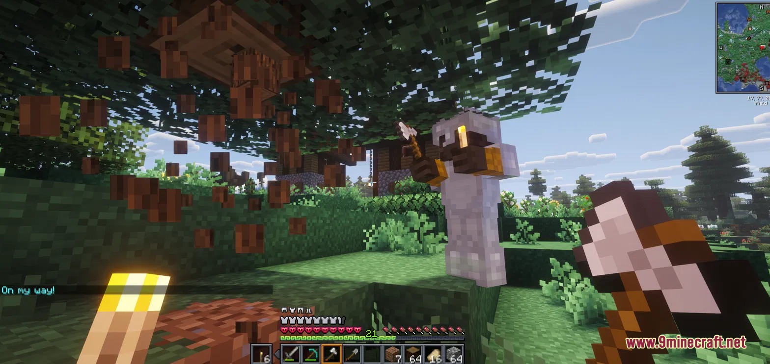 Kinship Vanguard Mod Screenshot 3 A humanoid companion in white armor helps chop down a large tree