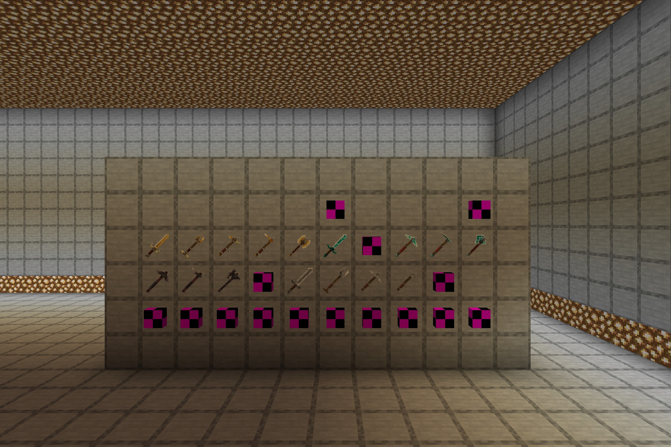 Klauzera's 3D Weapons Resource Pack Screenshot 1 Klauzera 3D Weapons Resource Pack showing various tools and missing texture blocks