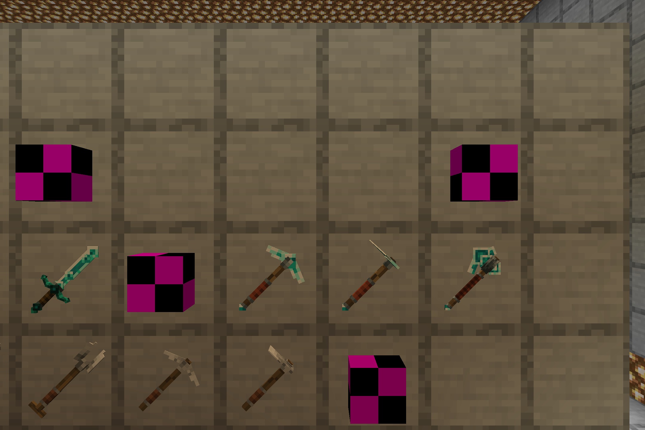 Klauzera's 3D Weapons Resource Pack Screenshot 2 Close up of 3D swords and pickaxes displayed in item frames