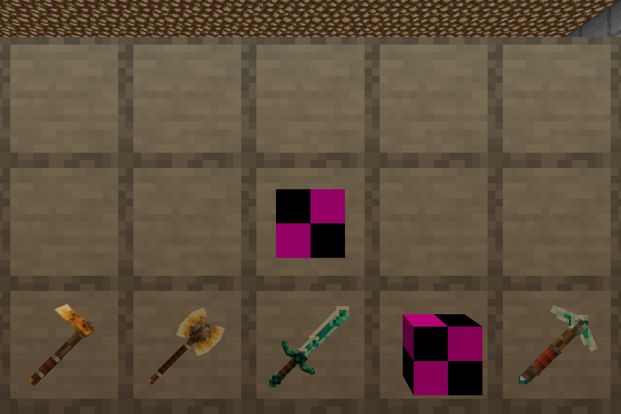 Klauzera's 3D Weapons Resource Pack Screenshot 4 Thick 3D models for swords and pickaxes displayed in a wooden menu