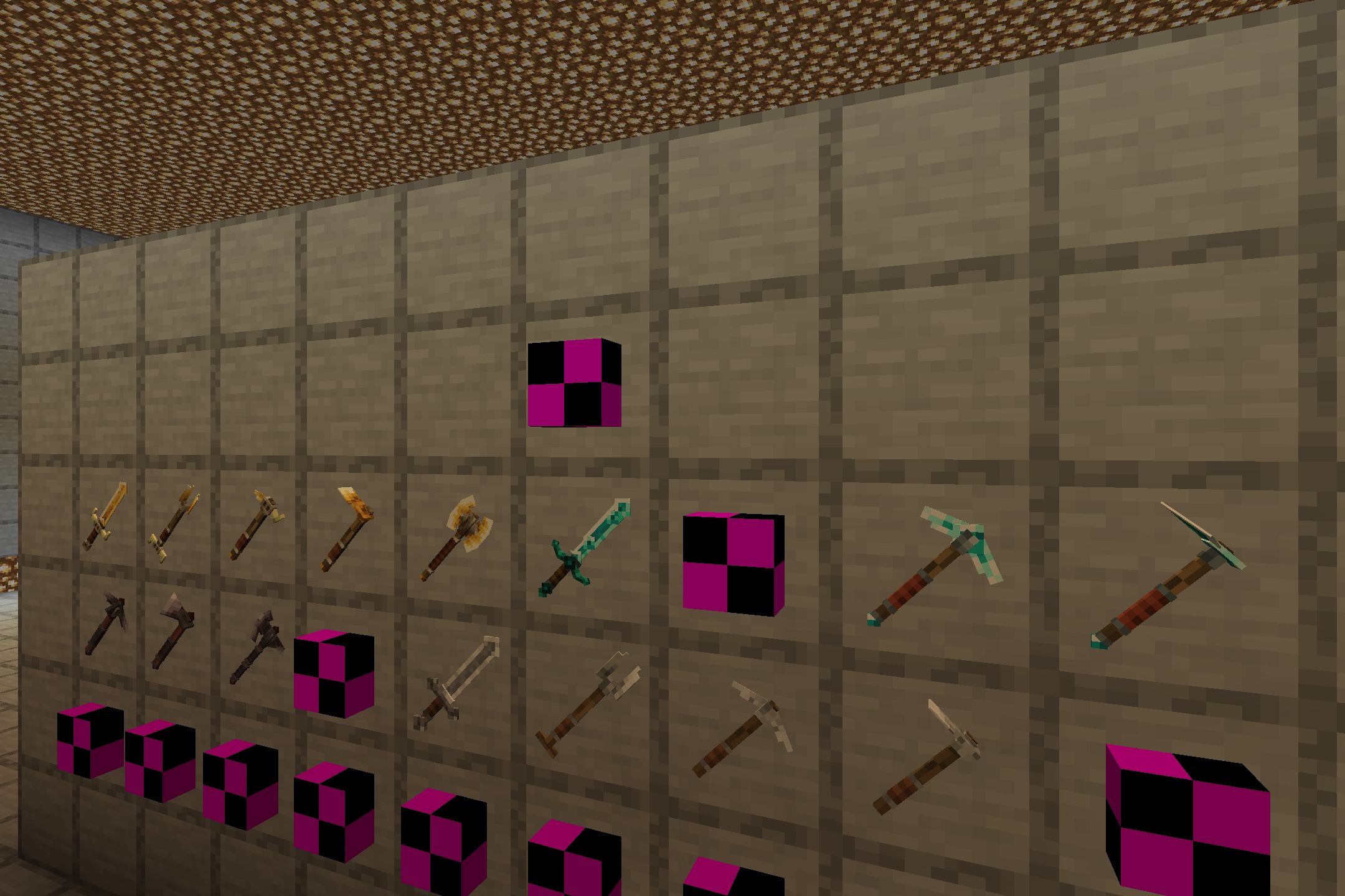 Klauzera's 3D Weapons Resource Pack Screenshot 5 Klauzeras 3D Weapons Resource Pack showcasing various tools and weapons in item frames