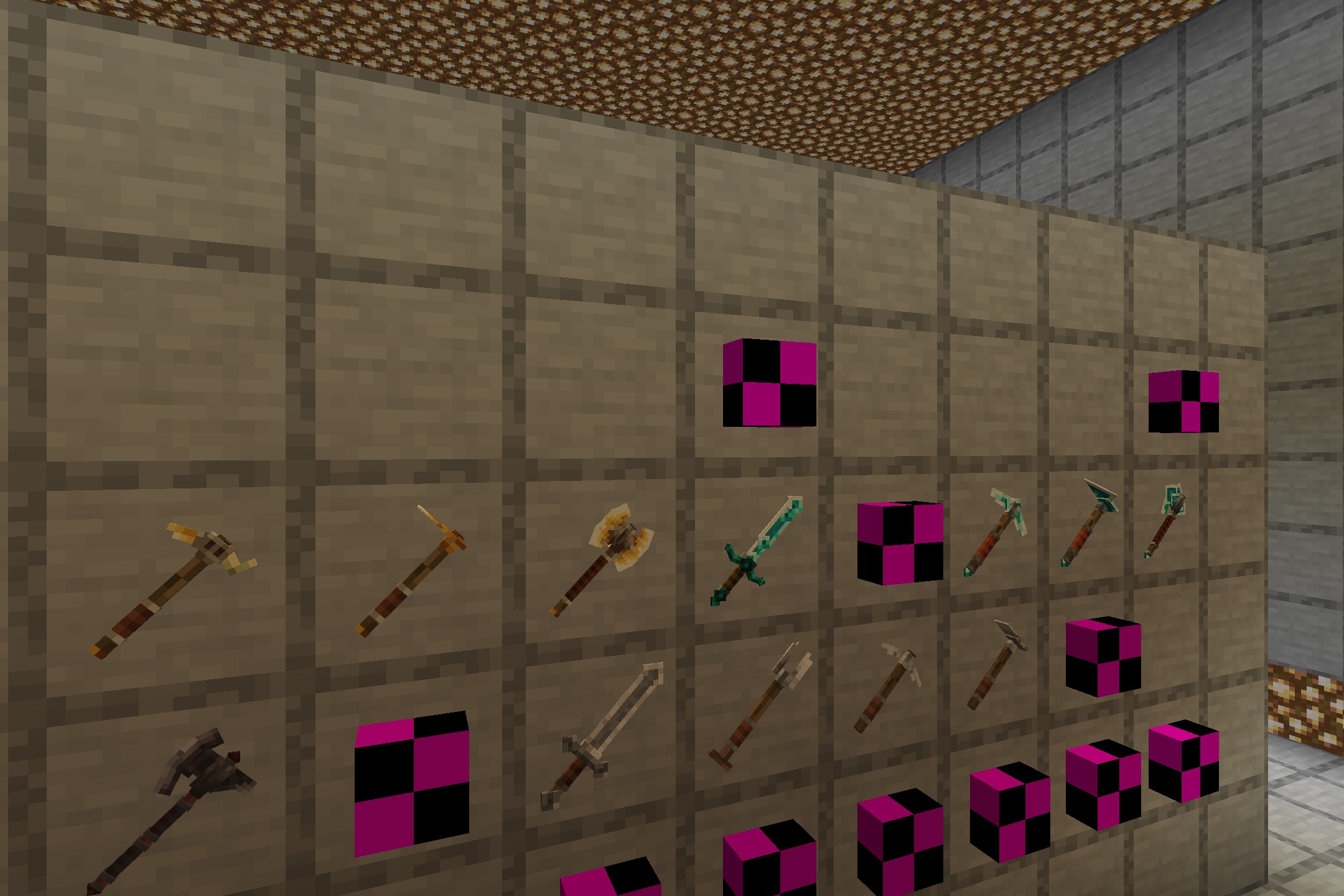 Klauzera's 3D Weapons Resource Pack Screenshot 6 Detailed 3D models of swords and pickaxes displayed on a wooden plank wall