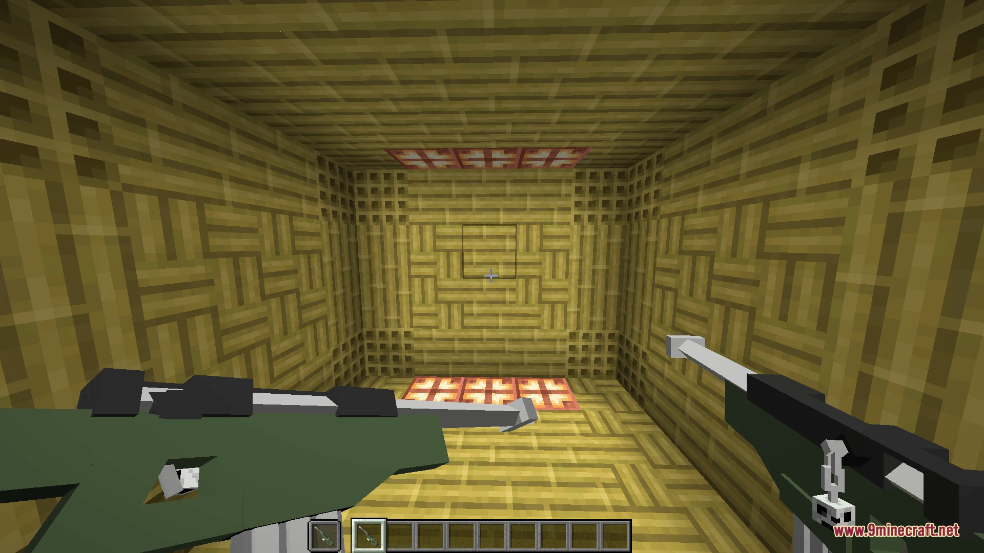 Knives & Guns Resource Pack Screenshot 1 A player holding a green sniper rifle inside a room made of bamboo