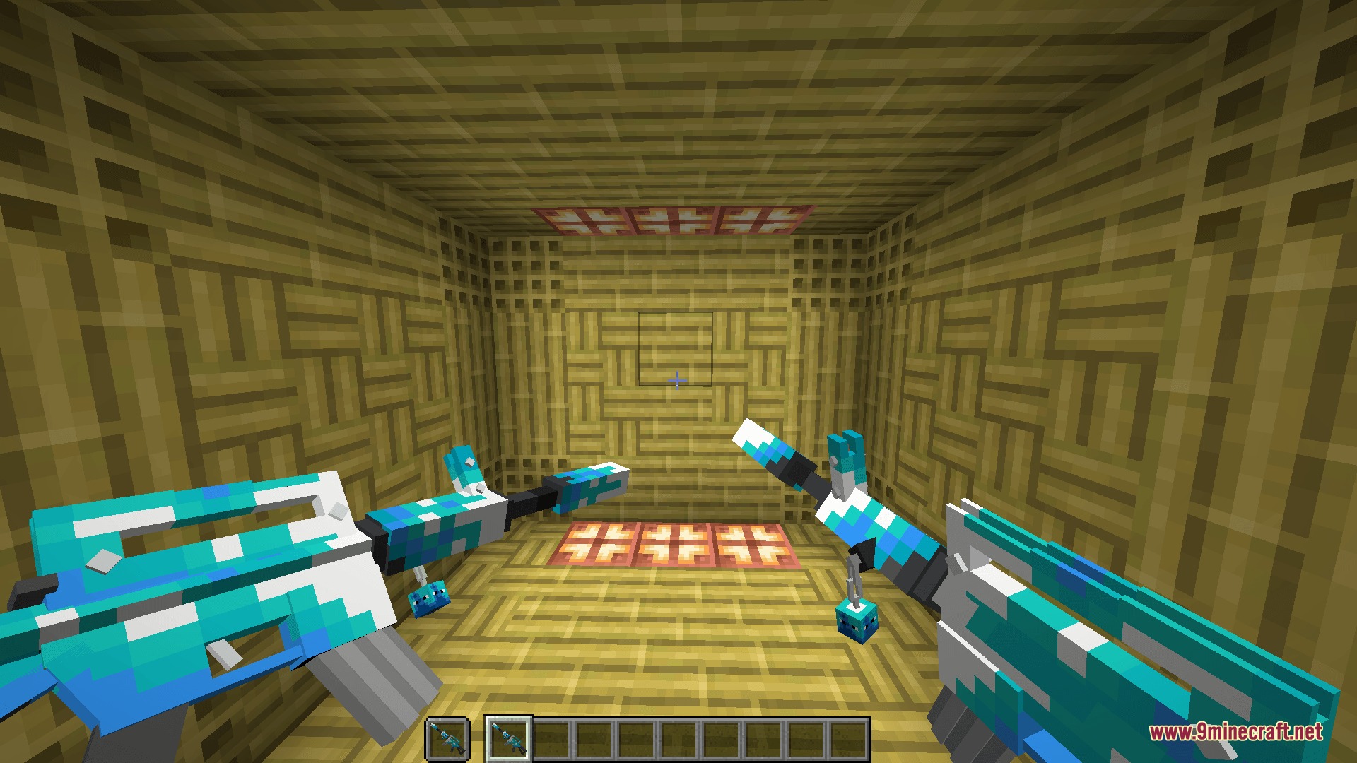 Knives & Guns Resource Pack Screenshot 2 A player wielding a blue patterned assault rifle in a bamboo block room
