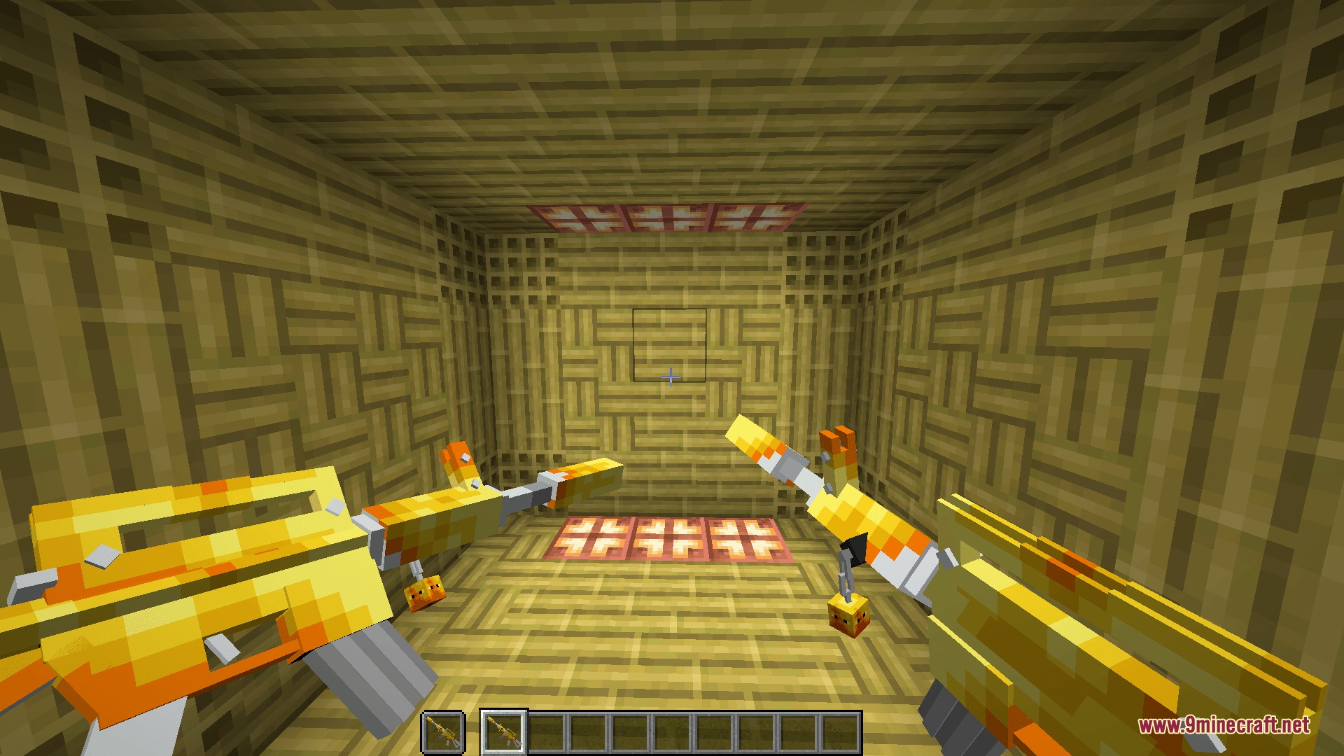 Knives & Guns Resource Pack Screenshot 3 Minecraft player holding two golden rifles inside a room made of bamboo blocks