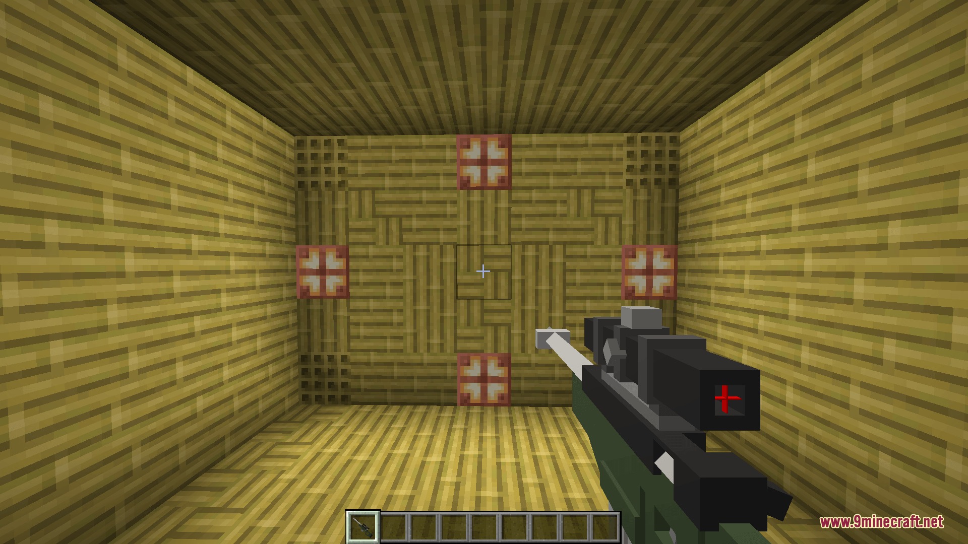 Knives & Guns Resource Pack Screenshot 4 Player aiming a sniper rifle with a scope inside a bamboo room
