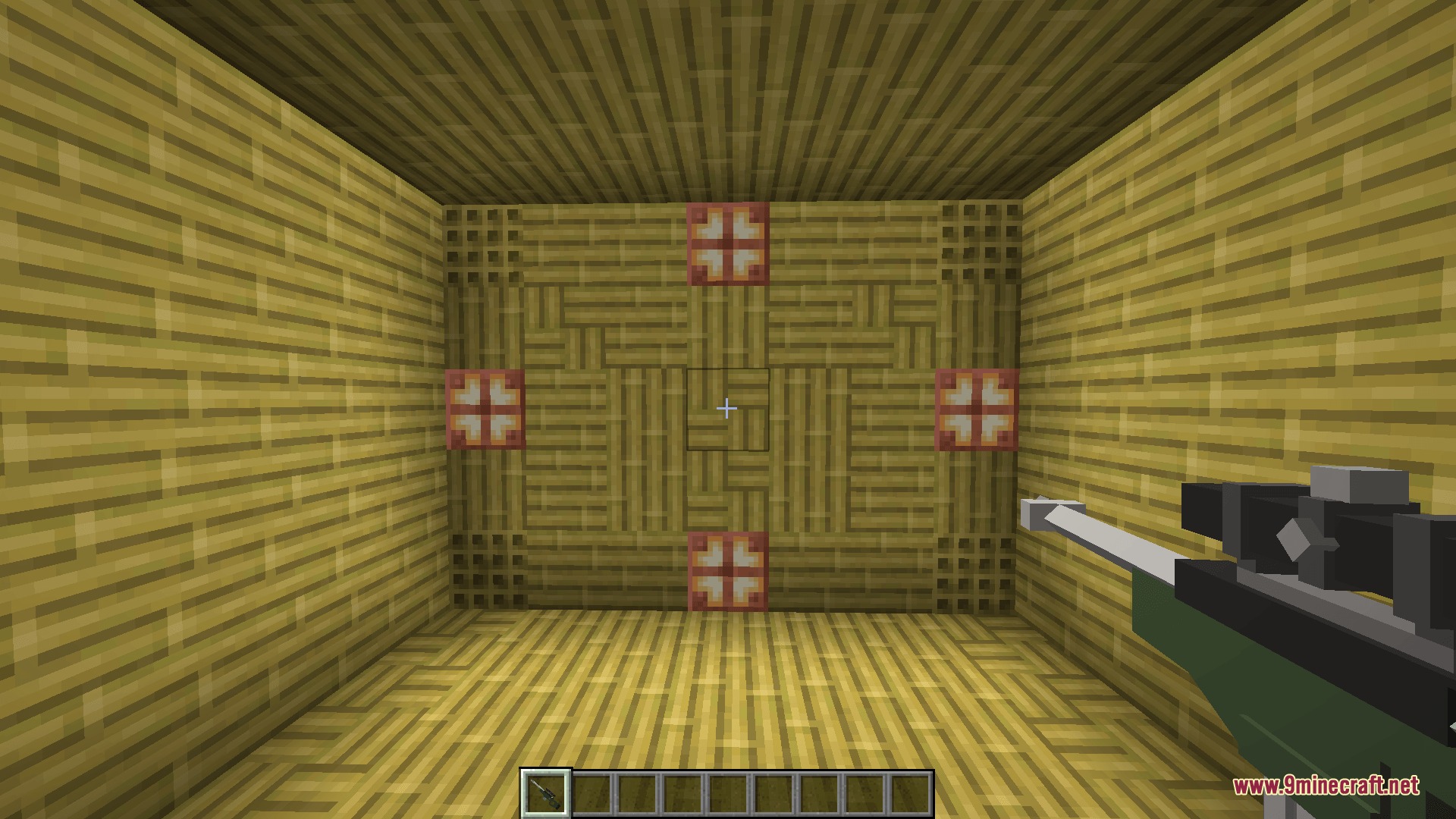 Knives & Guns Resource Pack Screenshot 5 Minecraft player holding an AWP sniper rifle inside a bamboo block room