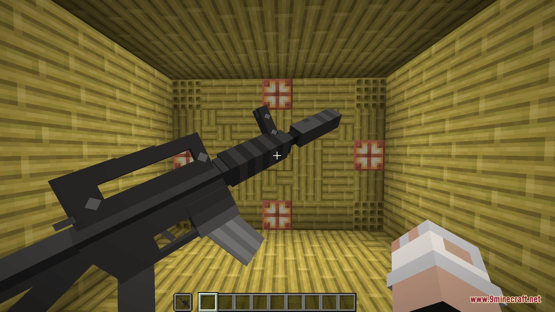 Knives & Guns Resource Pack Screenshot 6 Minecraft player holding a black assault rifle inside a bamboo block room