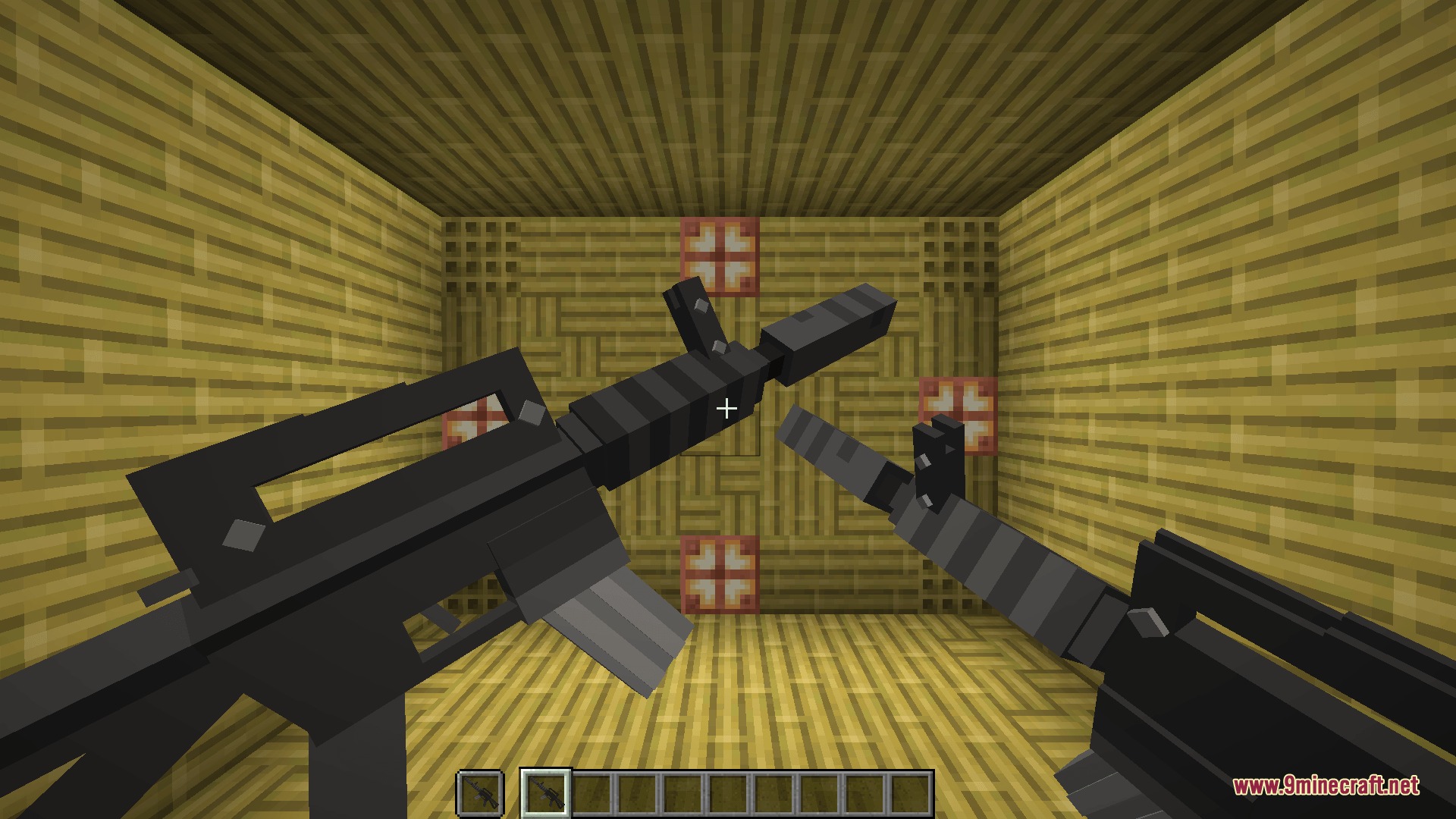 Knives & Guns Resource Pack Screenshot 8 Minecraft character dual wielding two modern assault rifles in a bamboo building