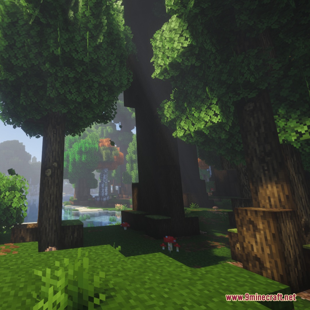 A scenic Minecraft forest showing trees with natural bark patterns and knots