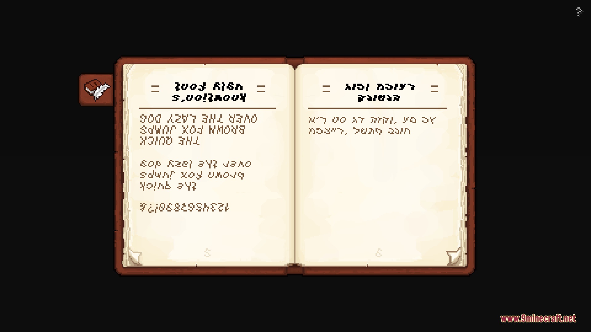 An open book in Minecraft displaying a unique stylized font on its pages