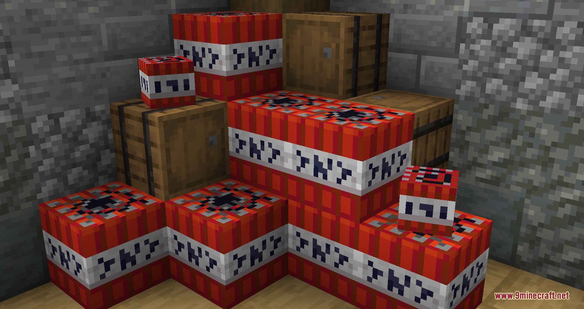 Several TNT blocks with stylized text stacked alongside wooden barrels in a room