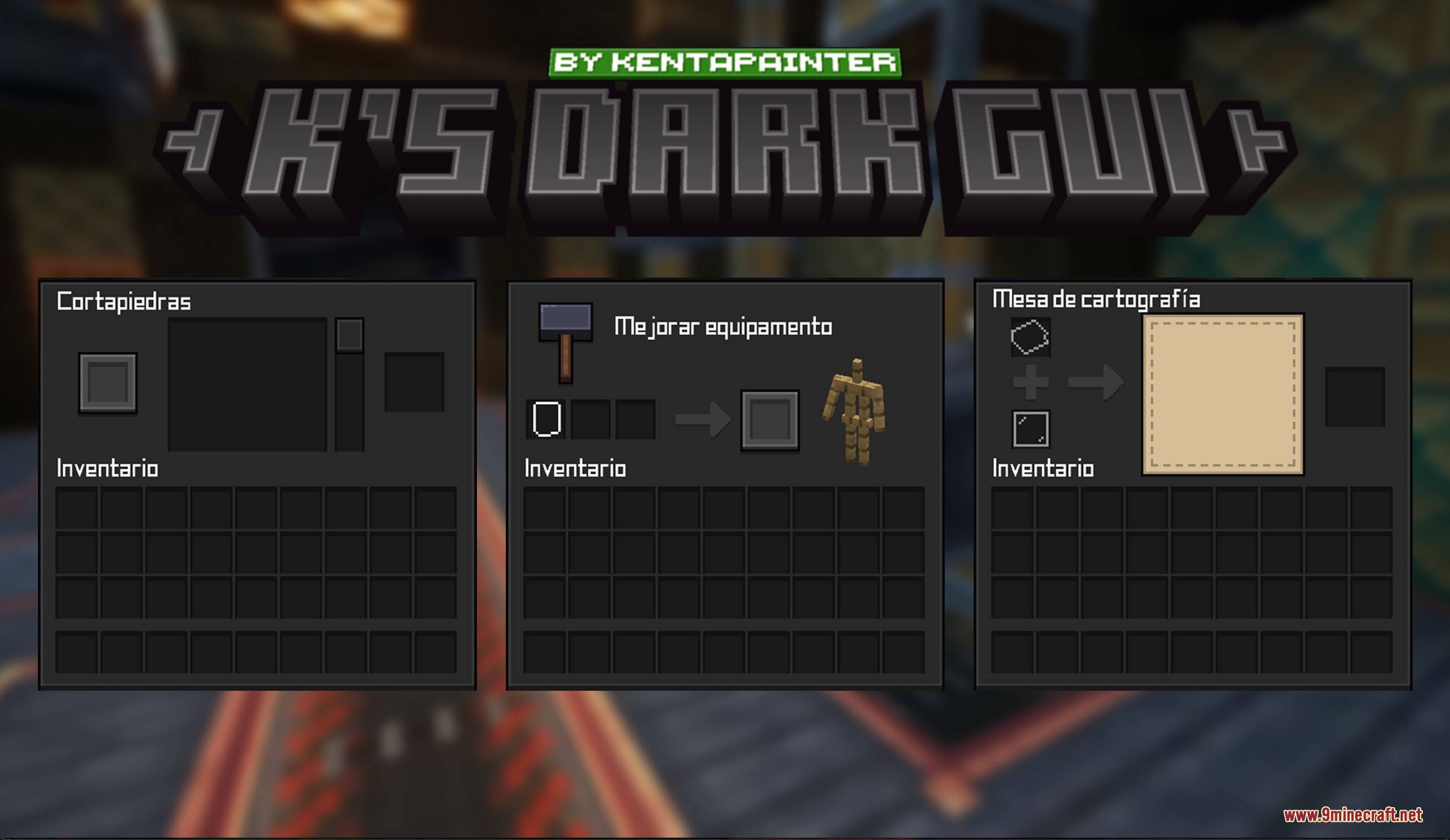 Dark mode interfaces for stonecutter smithing table and cartography table in Minecraft