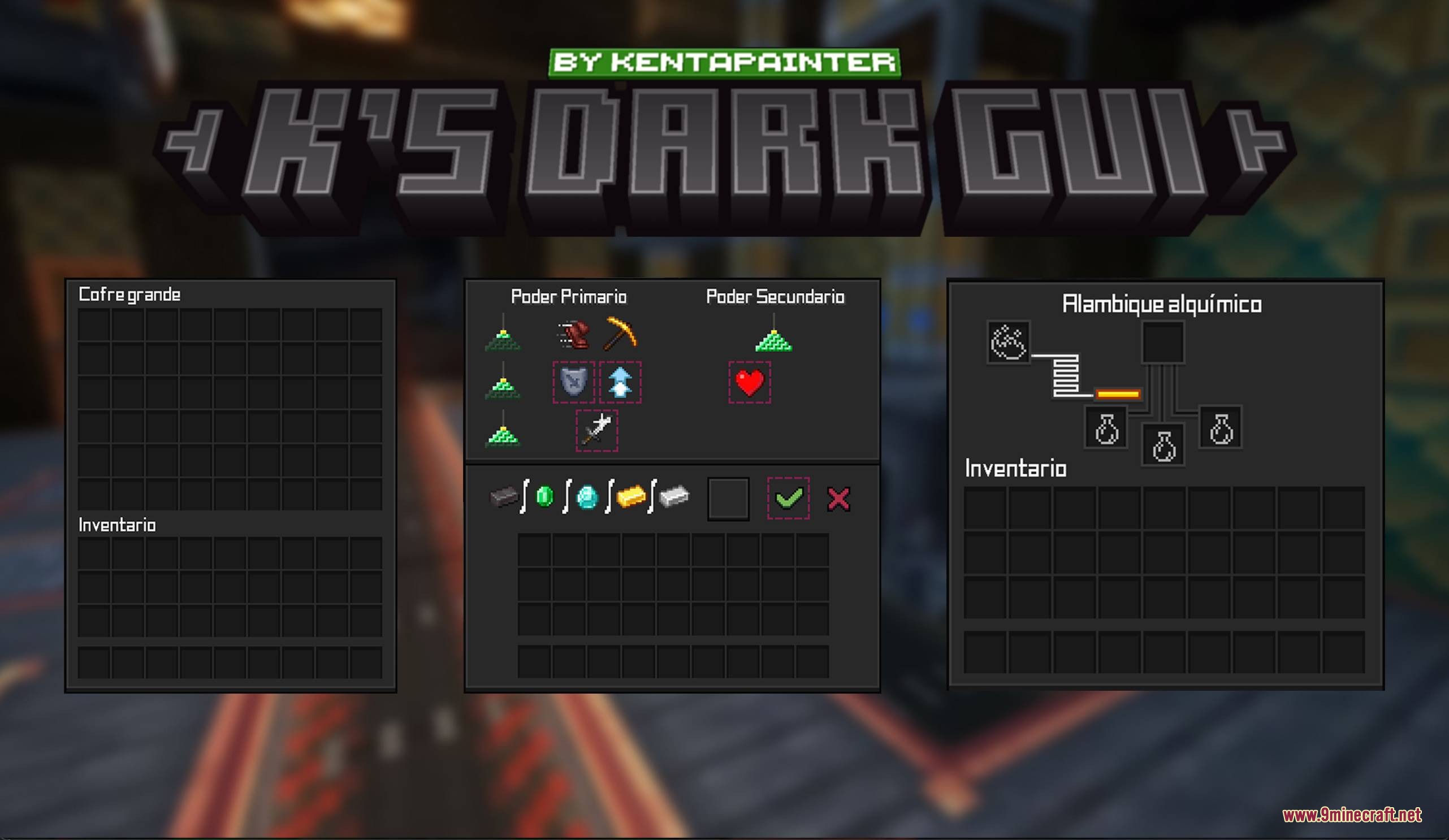 Dark GUI resource pack showcasing dark themed chest and beacon menus
