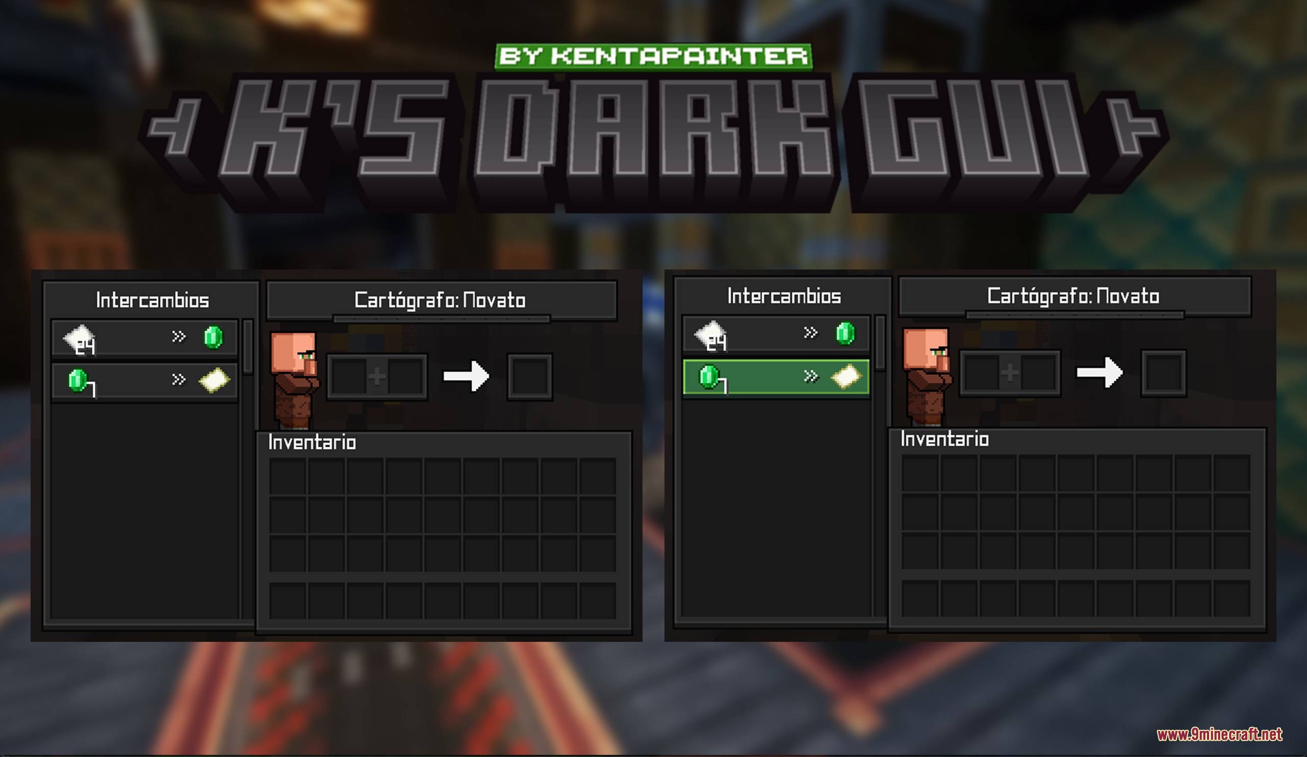 Dark themed villager trading interface showing cartographer trades in Spanish