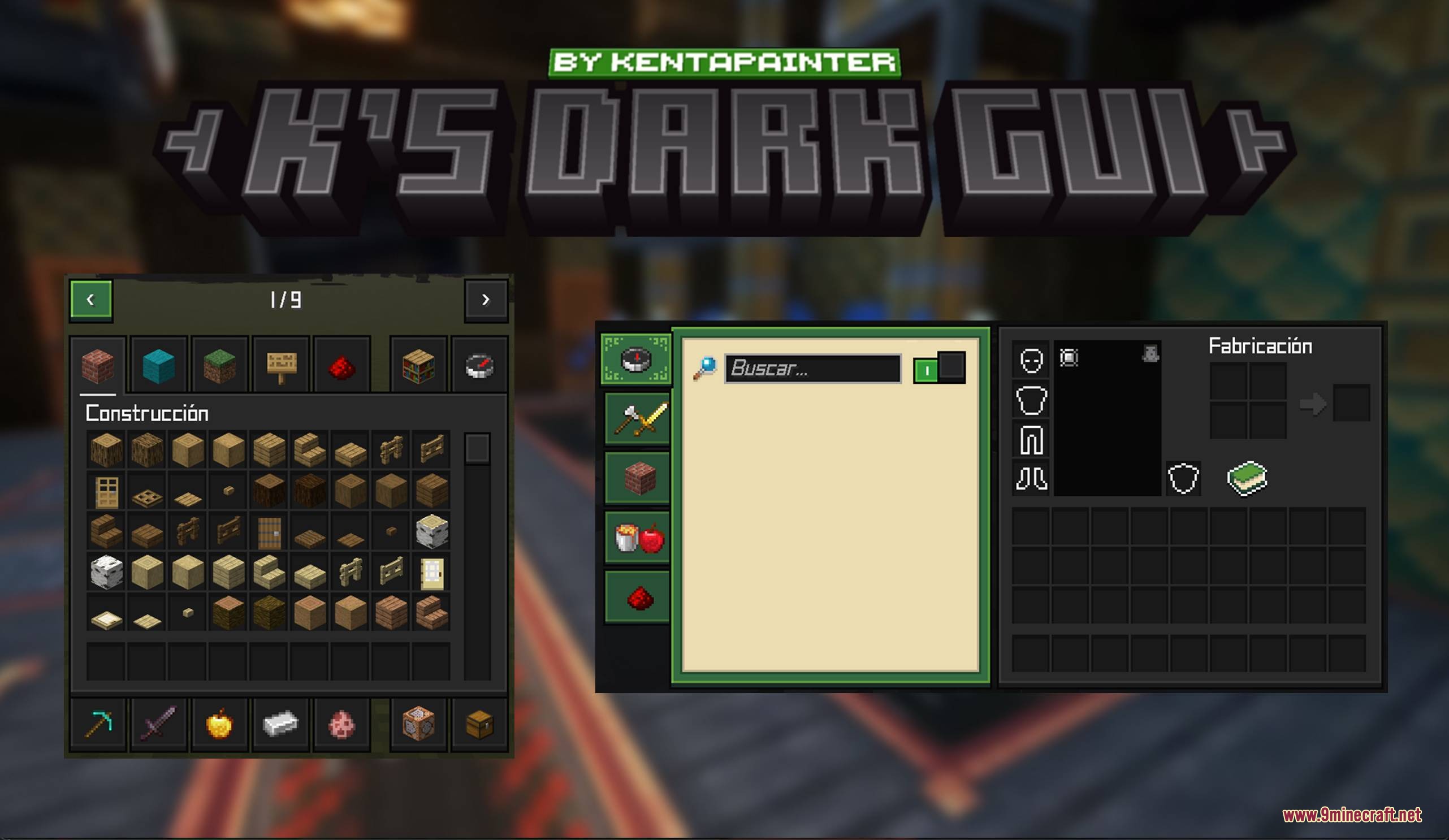 Creative inventory and player crafting menu featuring a dark minimalist design