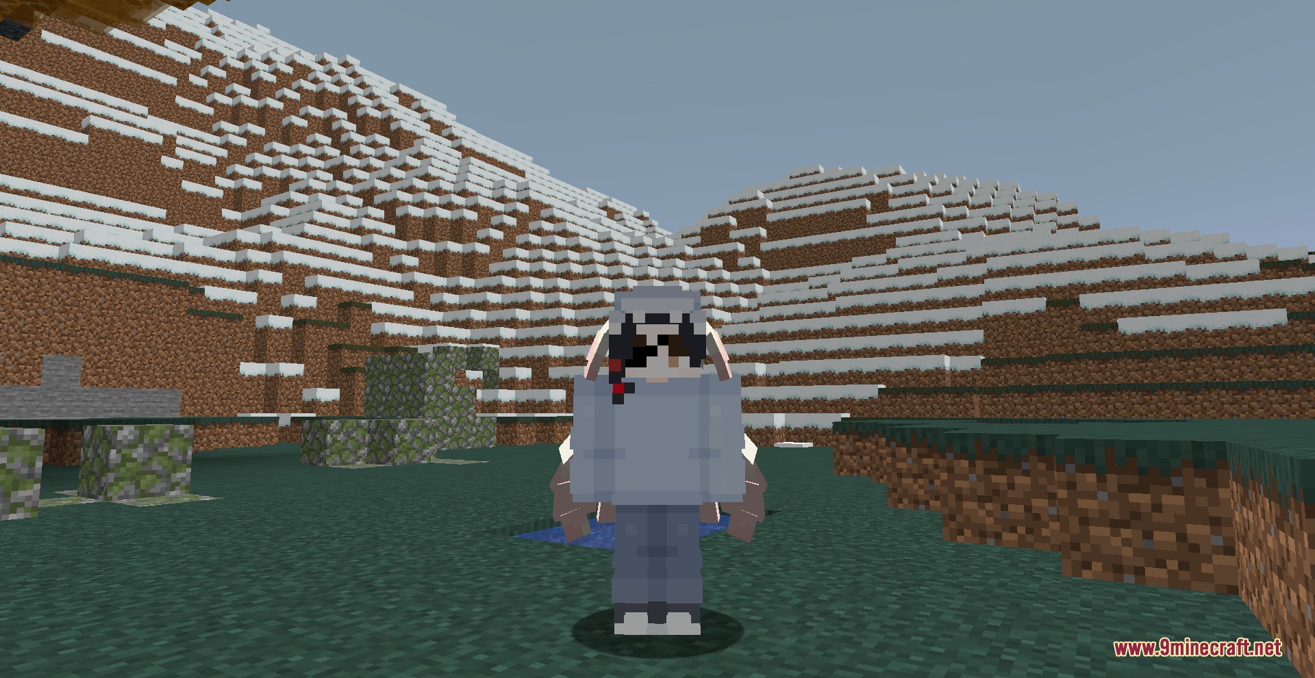 Kumo Desu Ascension Mod Screenshot 1 A player character in a custom skin stands before a snowy mountain range