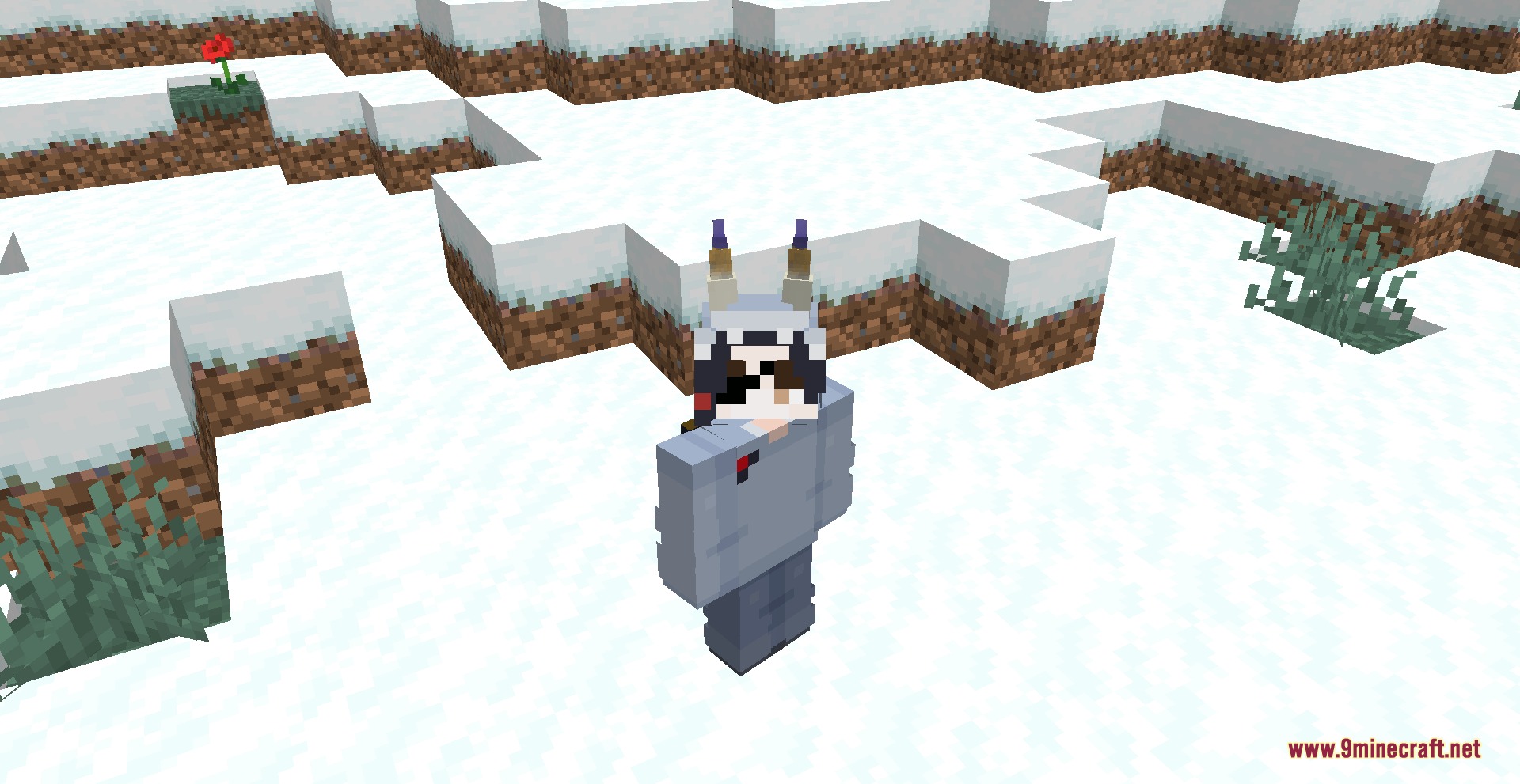 Kumo Desu Ascension Mod Screenshot 3 A Minecraft player character wearing sunglasses and horns in a snowy biome