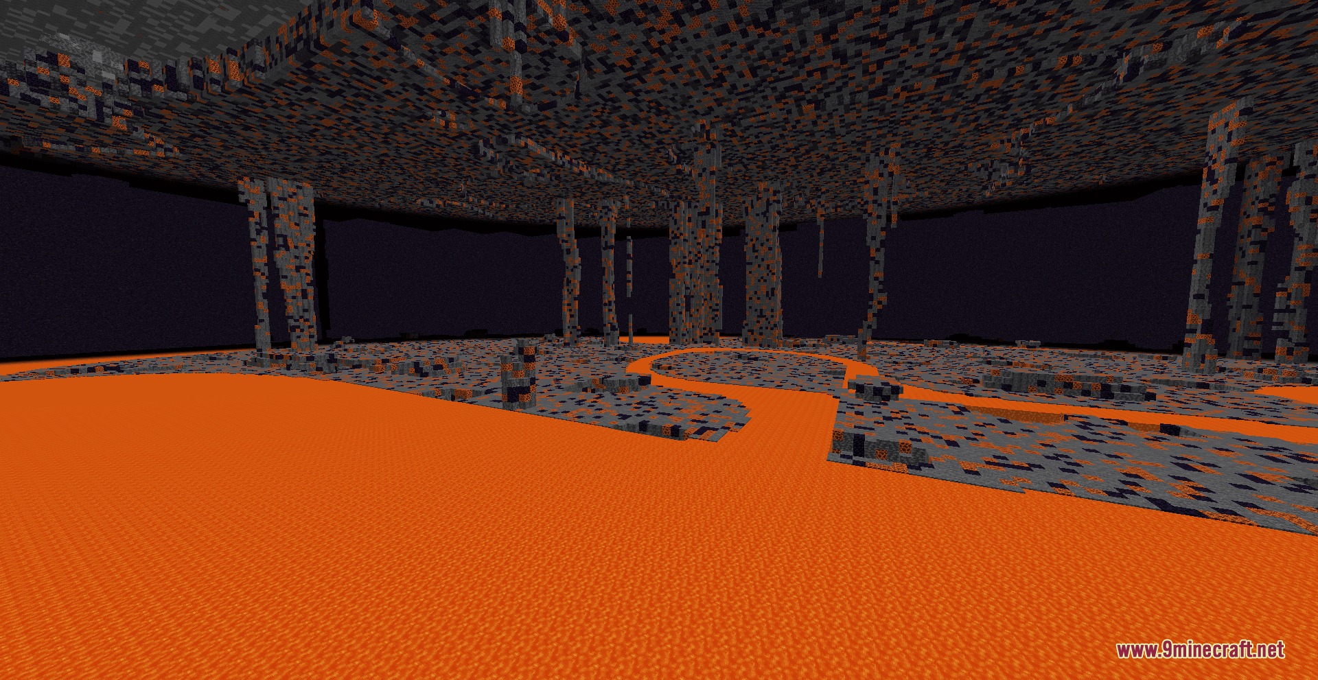 Kumo Desu Ascension Mod Screenshot 5 A massive underground labyrinth featuring lava lakes and towering stone pillars