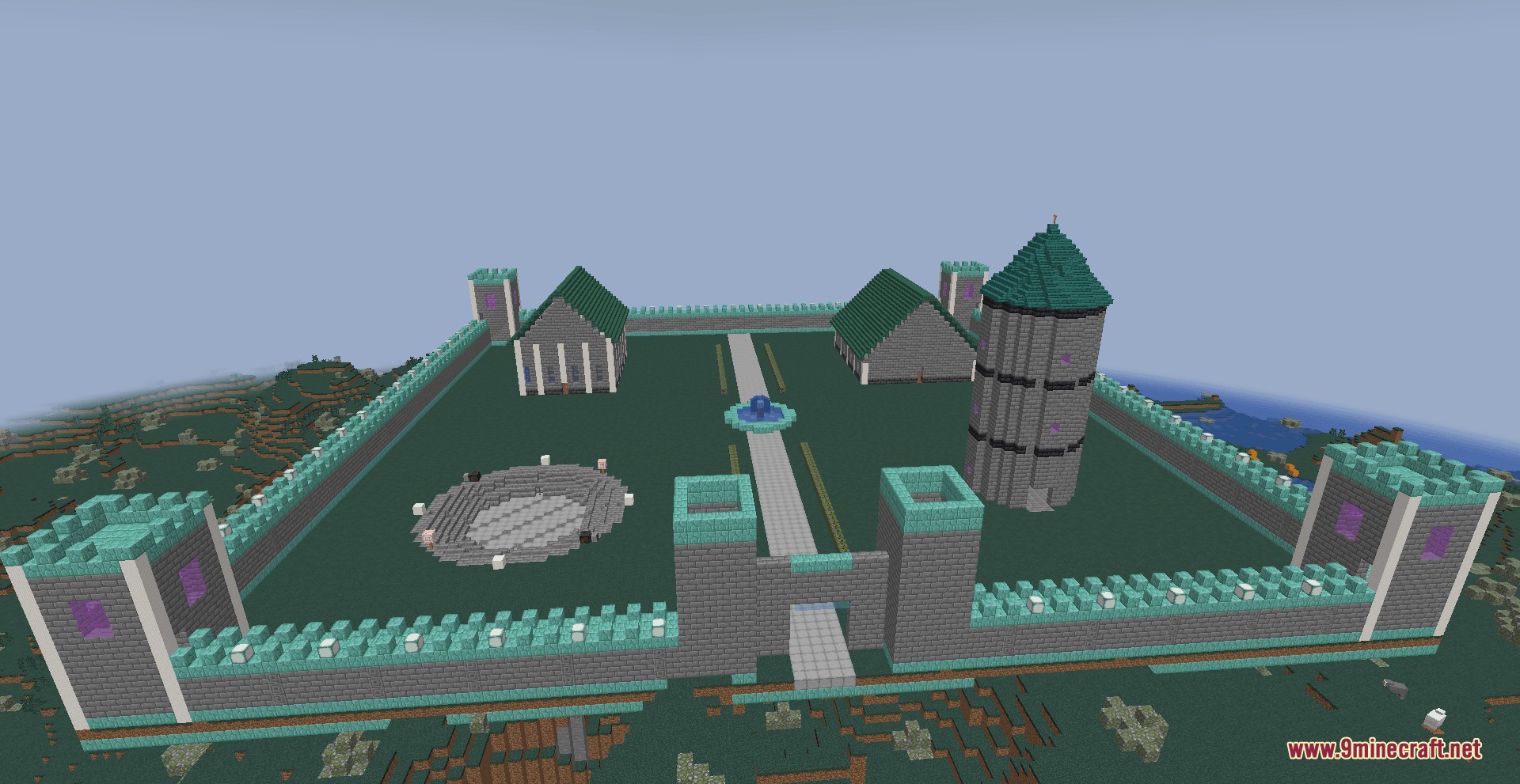 Kumo Desu Ascension Mod Screenshot 6 A large stone fortress with prismarine roofs and high walls in a field