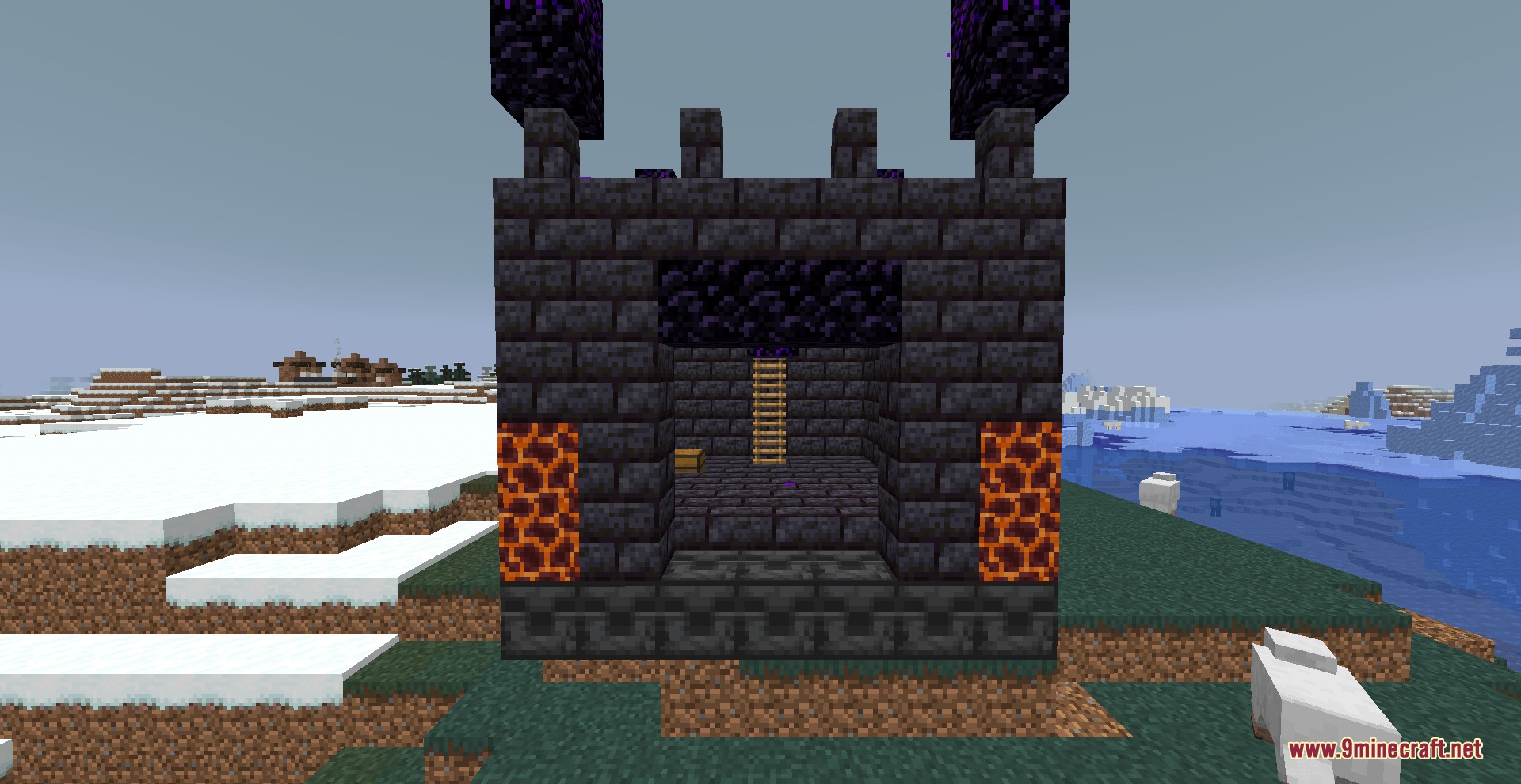 Kumo Desu Ascension Mod Screenshot 8 A small dark stone structure with magma blocks in a snowy biome