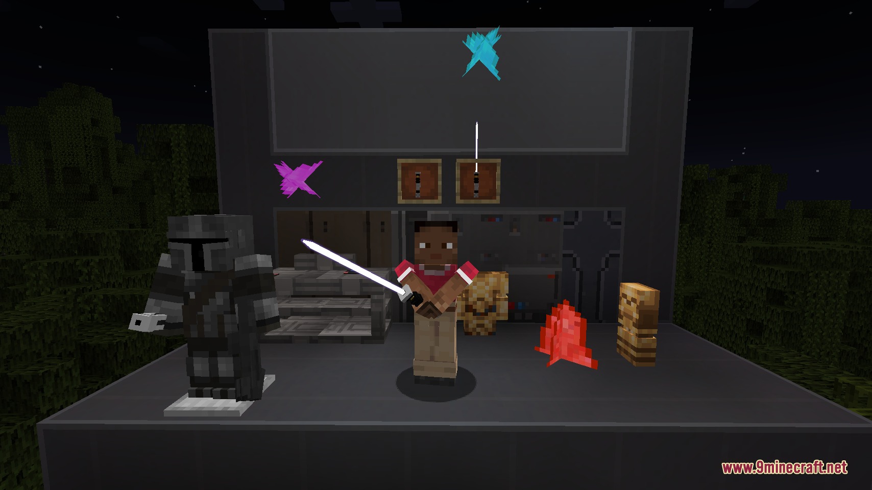 A player holding a lightsaber next to Mandalorian armor from Kyber and Chrome Mod