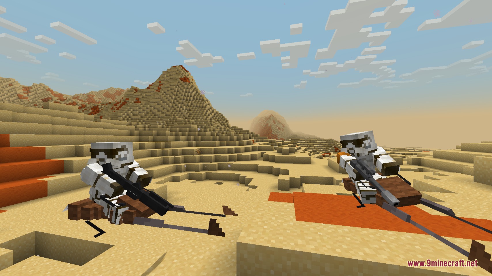 Two troopers riding speeder bikes across a vast desert biome in Minecraft