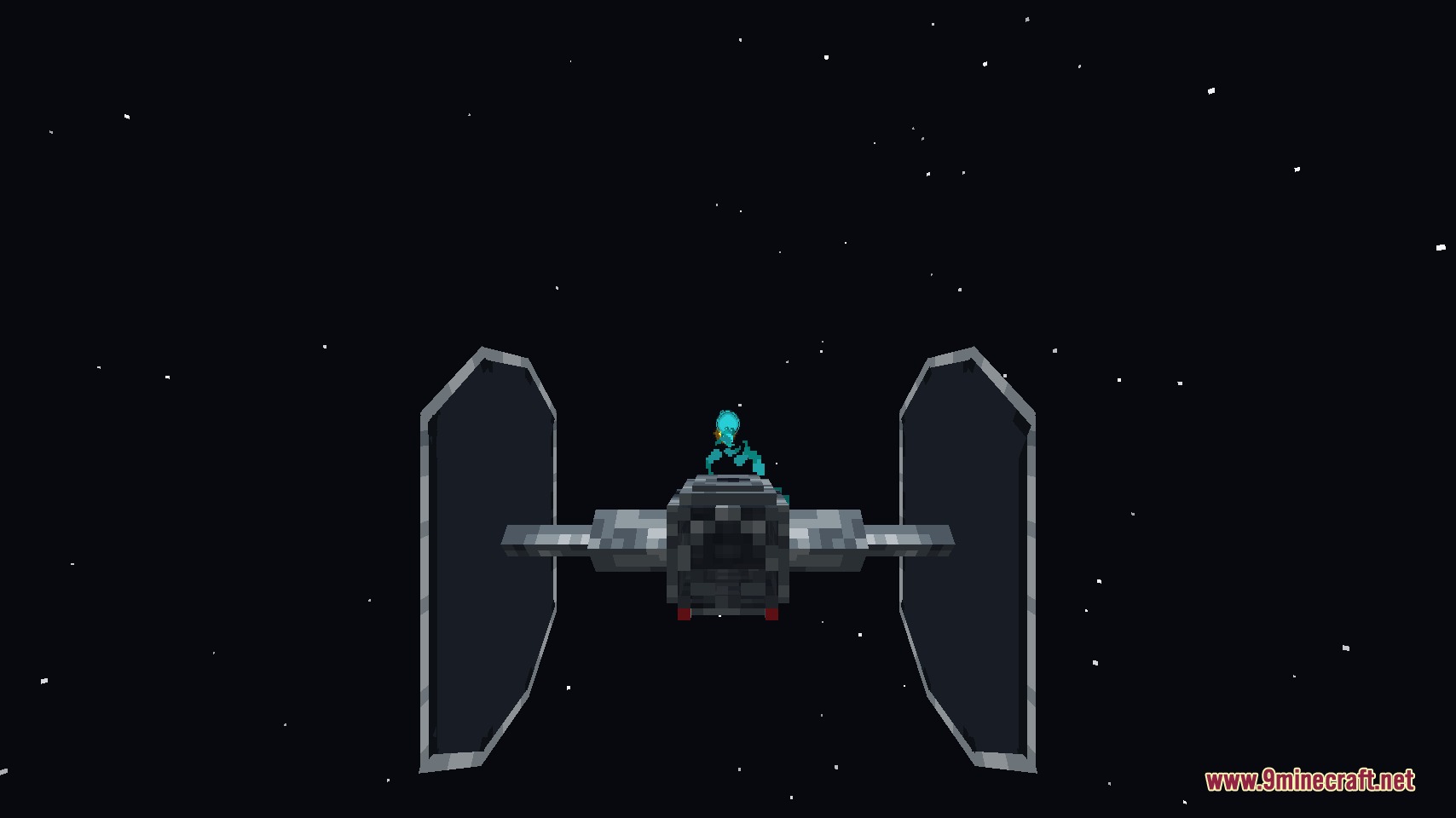 A player pilots a TIE Fighter through the dark starry void of space