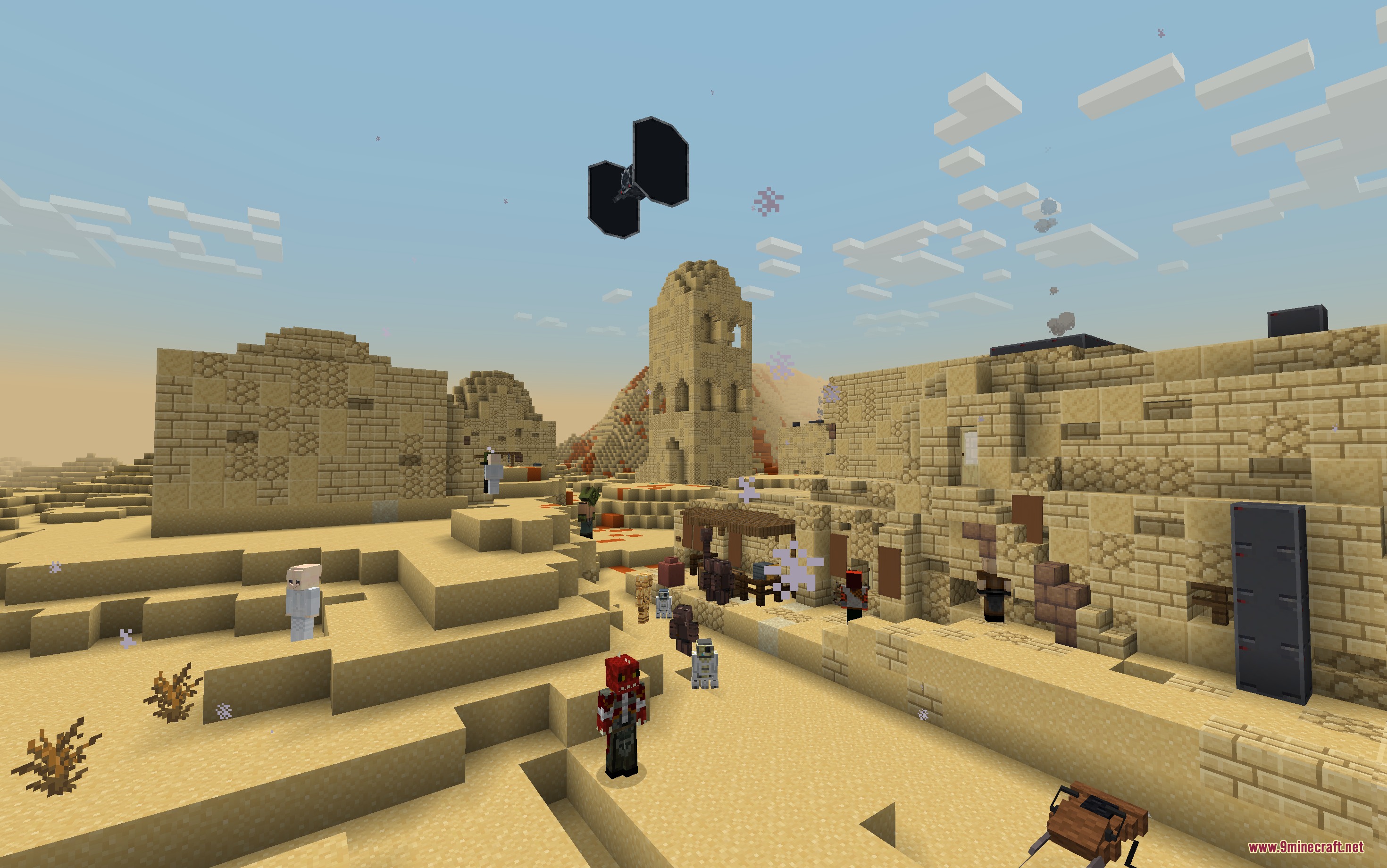TIE fighter flies over a desert village with droids and alien mobs