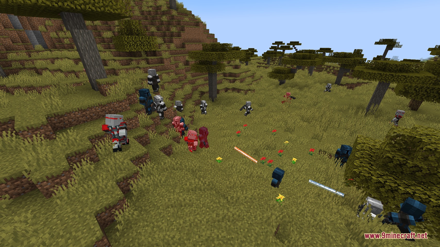 Mandalorian clans engage in a blaster and lightsaber battle in a savanna