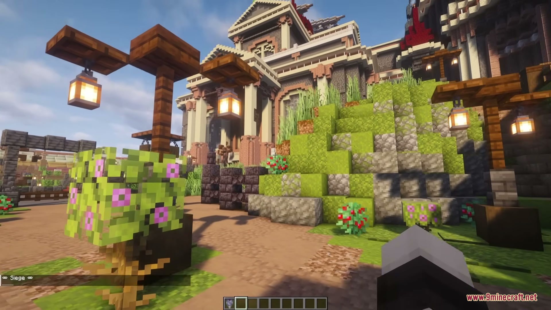 LARGE UPDATE SOON Rise of the Asens Mod Screenshot 1 Classical Minecraft building with lanterns and flowering bushes in sunlight