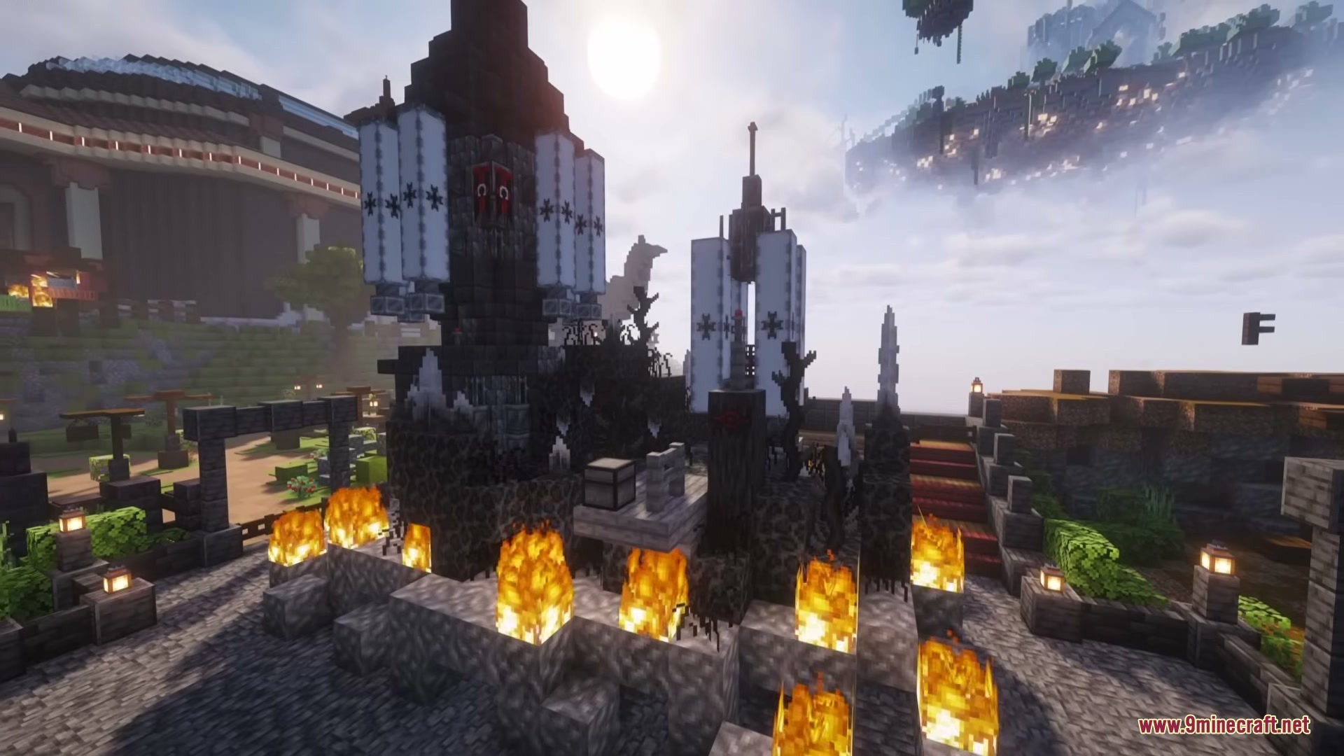 LARGE UPDATE SOON Rise of the Asens Mod Screenshot 3 Dark gothic tower with white banners surrounded by fire in Minecraft