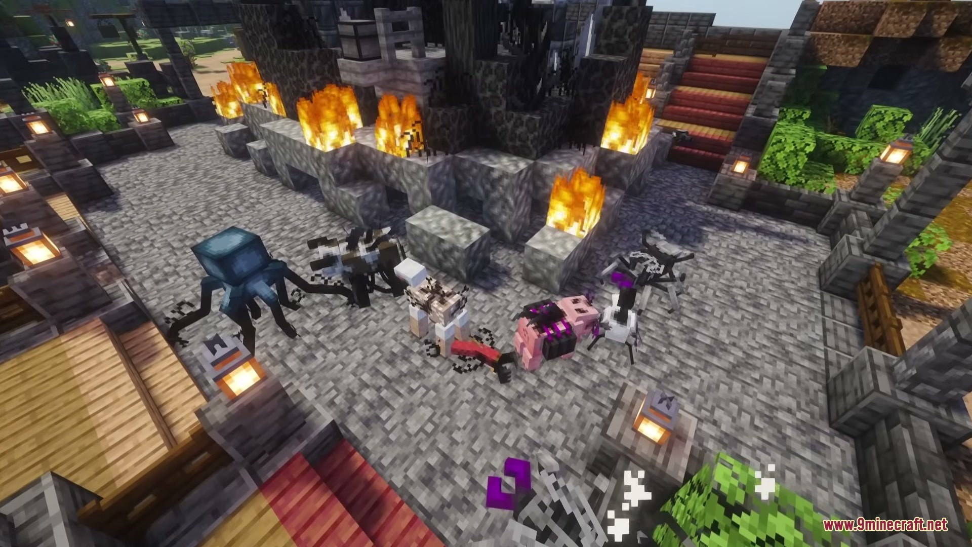 LARGE UPDATE SOON Rise of the Asens Mod Screenshot 5 Infected mobs and animals gather near fires in a stone courtyard