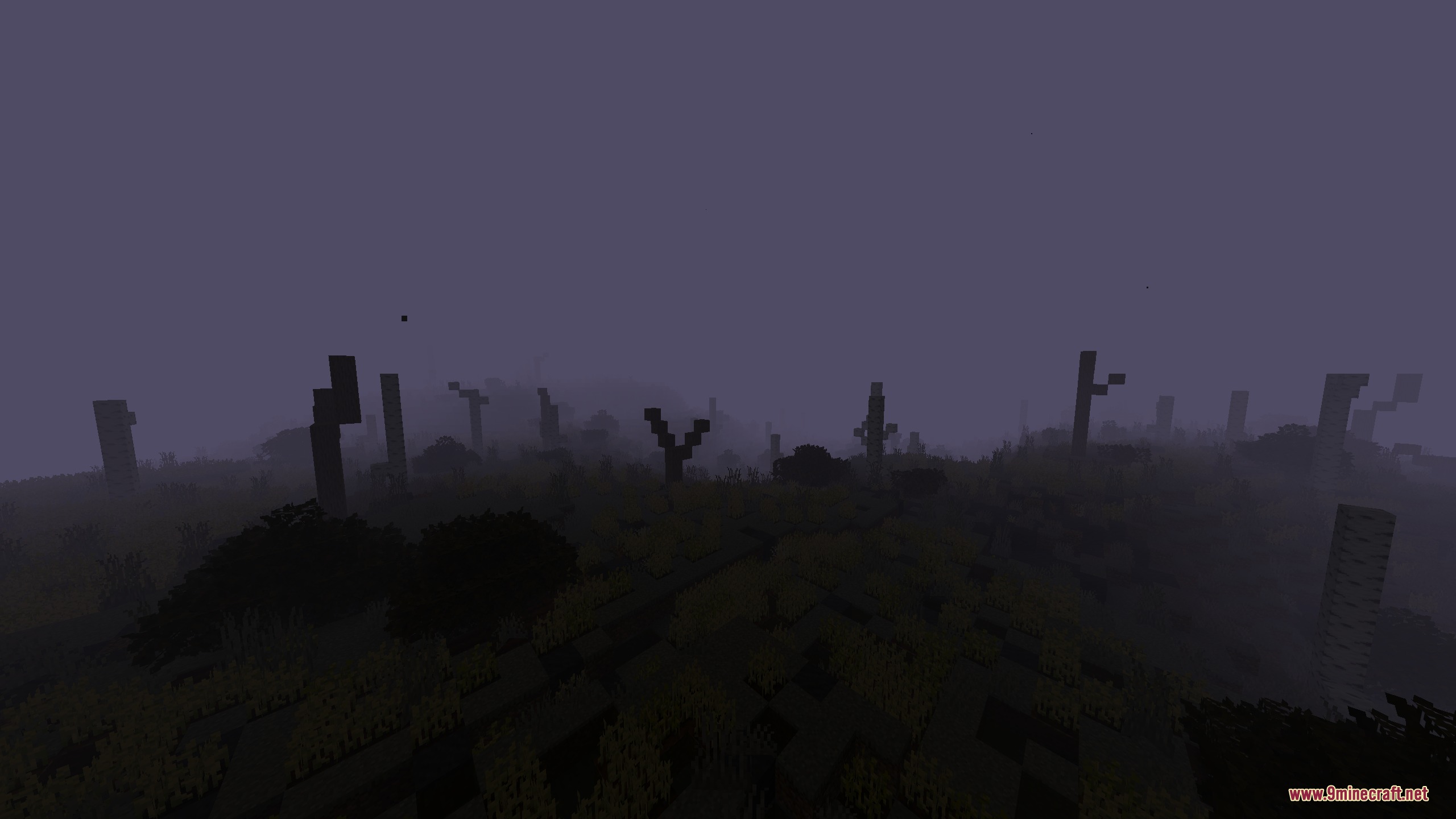 Tall stone pillars stand in a dark environment under a purple sky