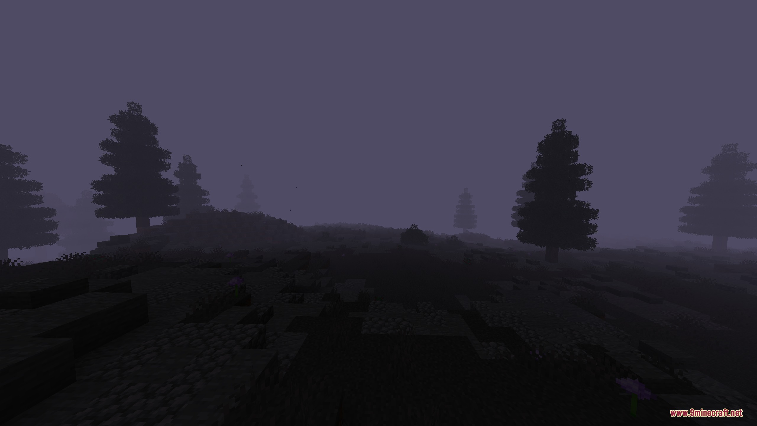 Dark pine trees stand in a foggy landscape within the eerie Limbo dimension