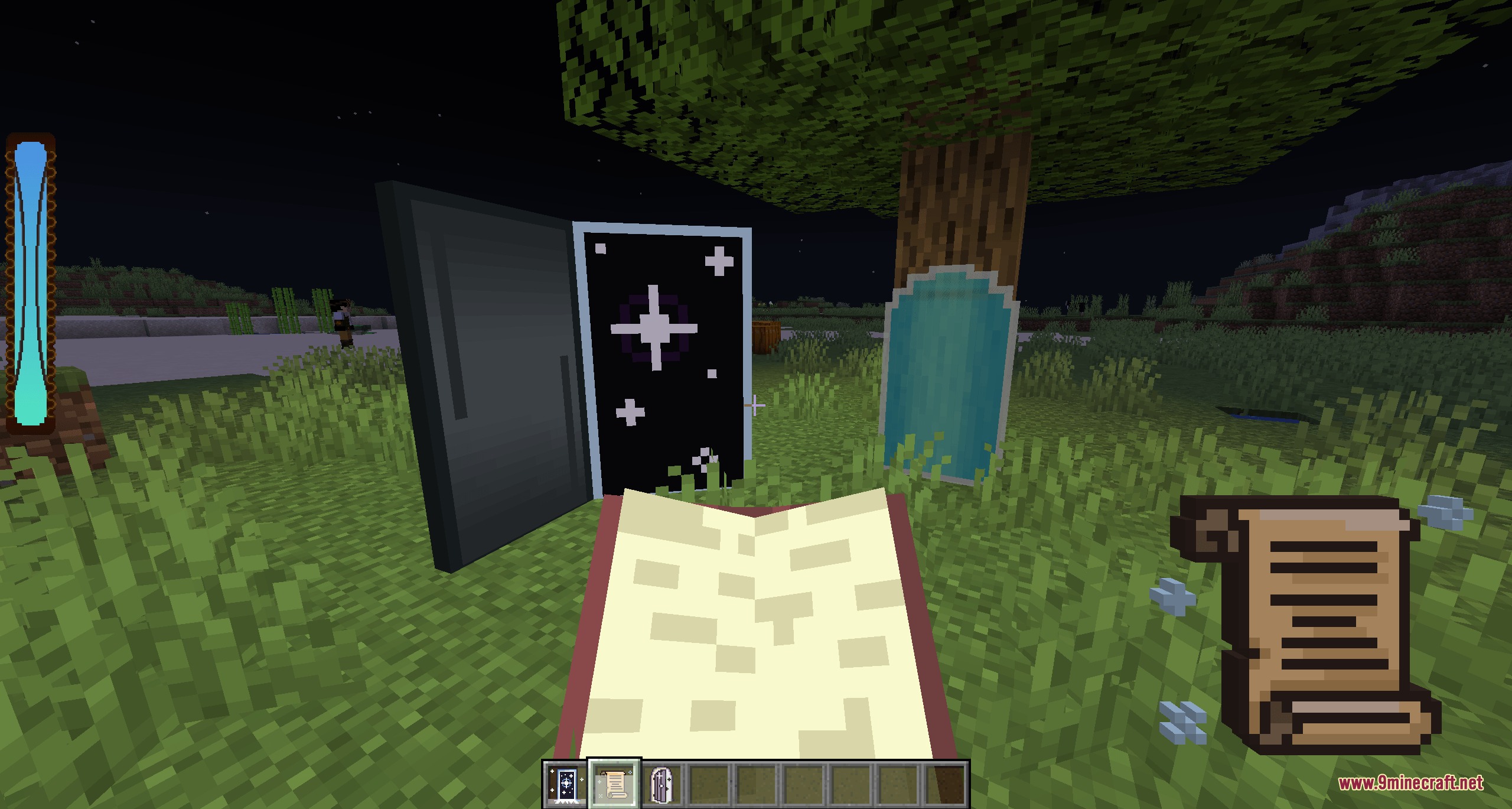 LOTM Craft Mod Screenshot 2 A player holds a magic scroll near a starry door and portal