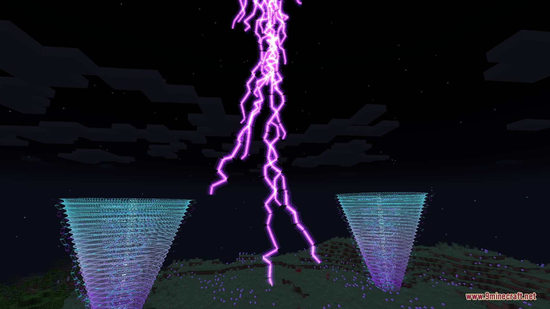 LOTM Craft Mod Screenshot 3 Purple lightning strikes between two glowing spiral vortexes in the night sky
