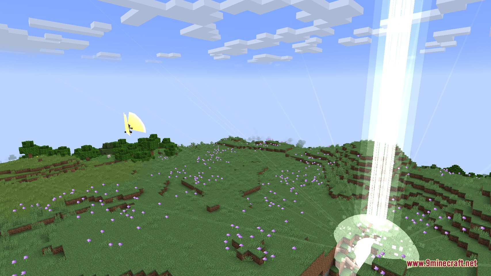 LOTM Craft Mod Screenshot 6 A massive beam of white light shoots into the sky from a grassy crater